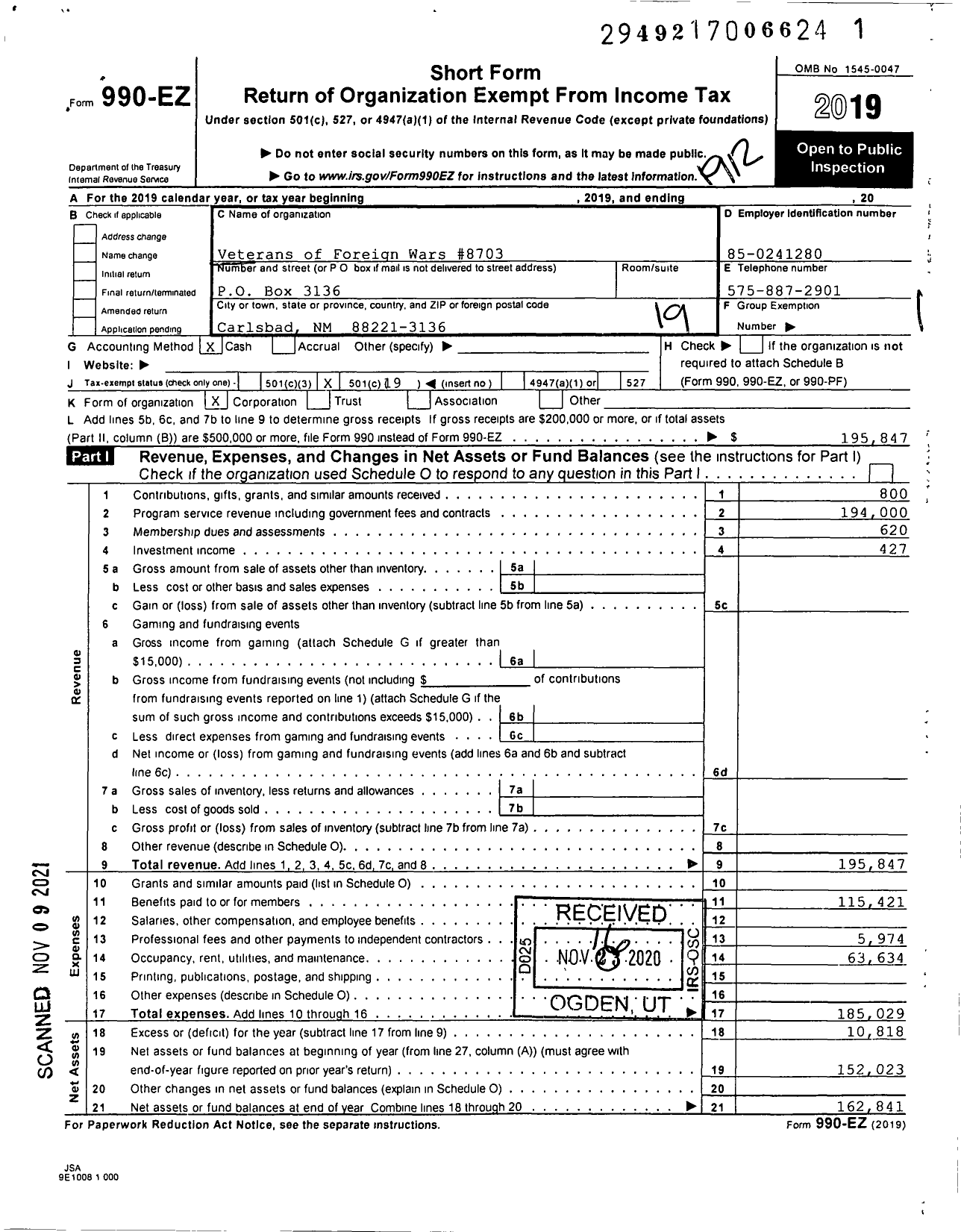 Image of first page of 2019 Form 990EO for Veterans of Foreign Wars Department of New Mexico of the U S - 8703 Dwight Lee and PR Lucas Memorial