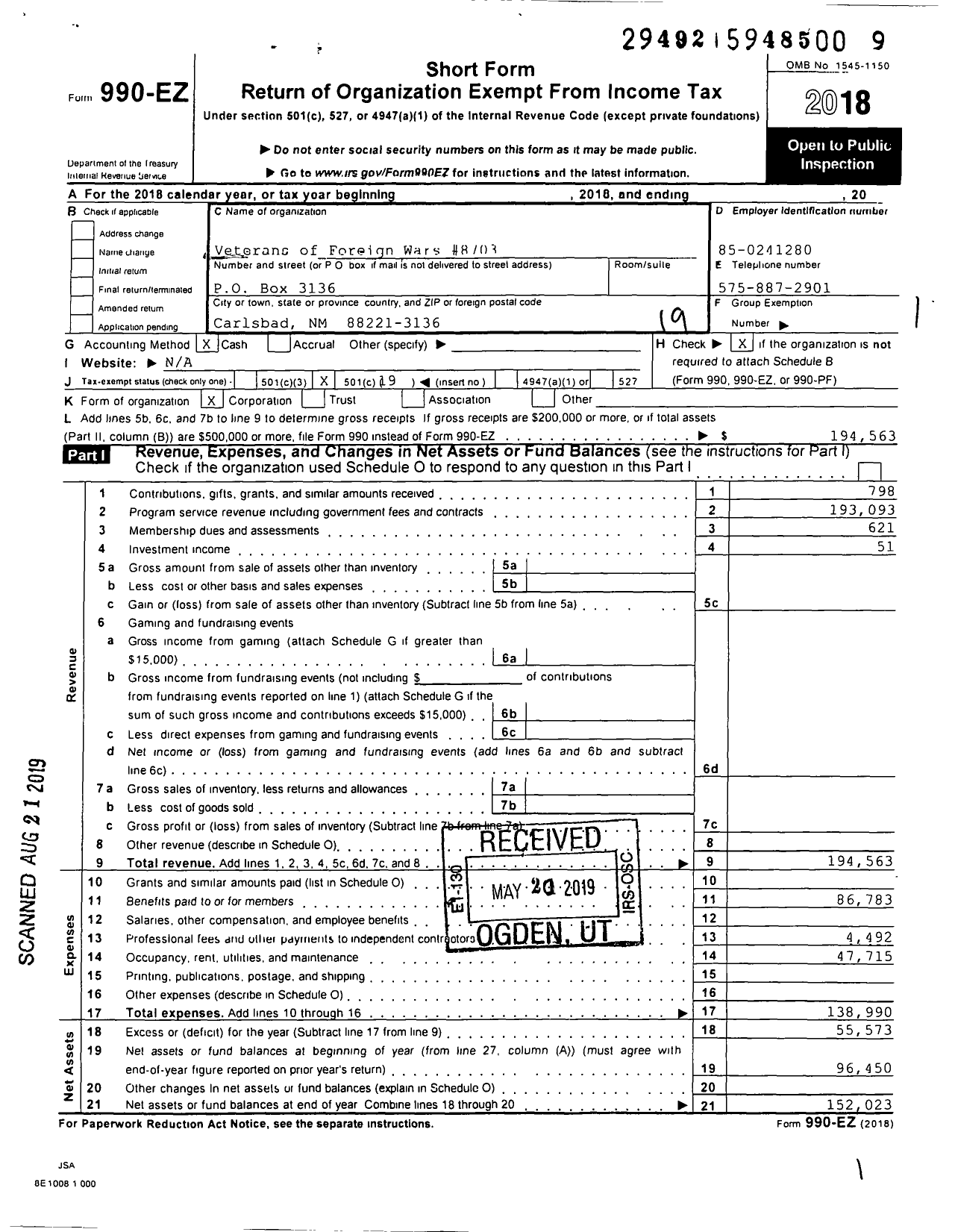 Image of first page of 2018 Form 990EO for Veterans of Foreign Wars Department of New Mexico of the U S - 8703 Dwight Lee and PR Lucas Memorial