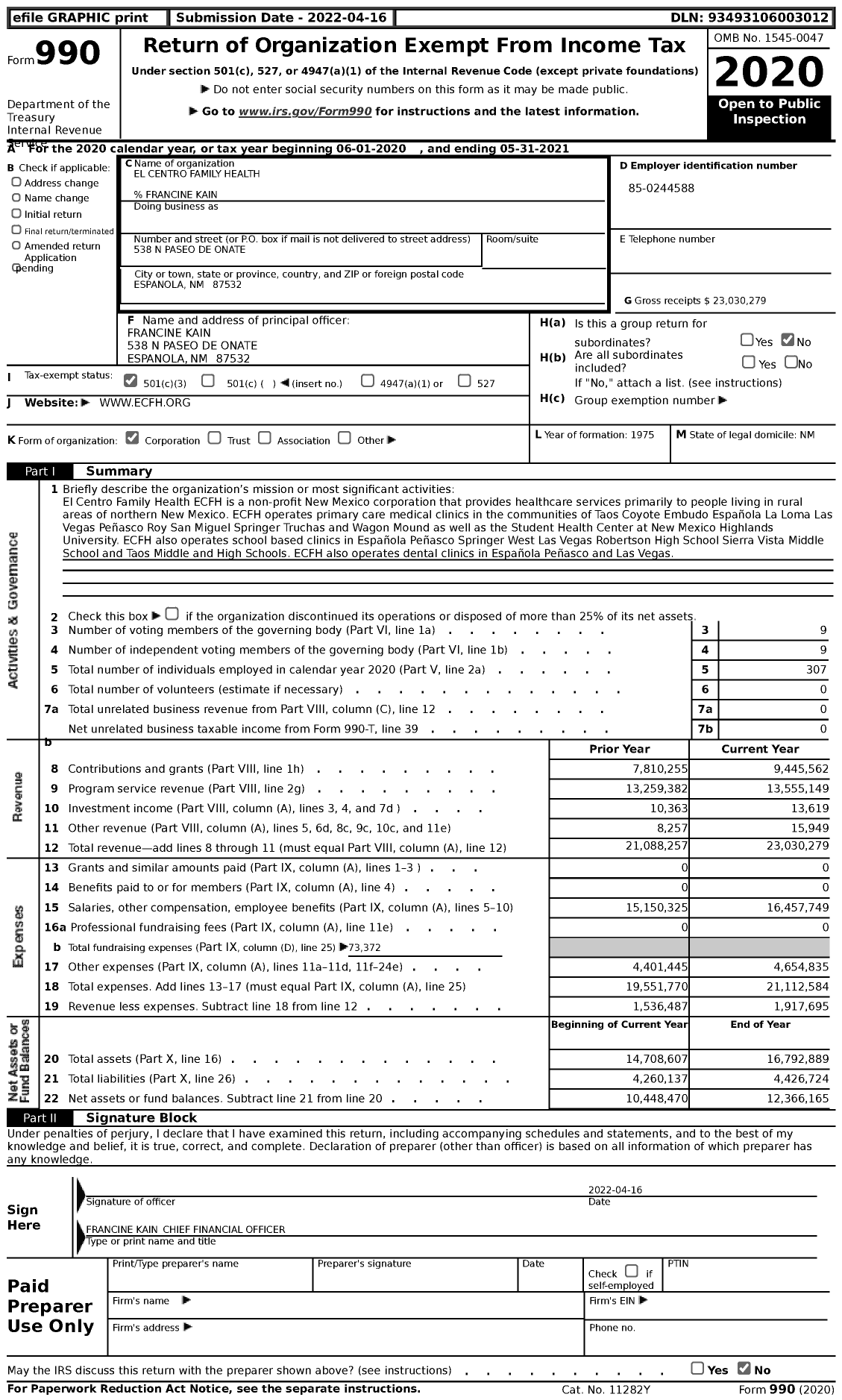 Image of first page of 2020 Form 990 for El Centro Family Health (ECFH)
