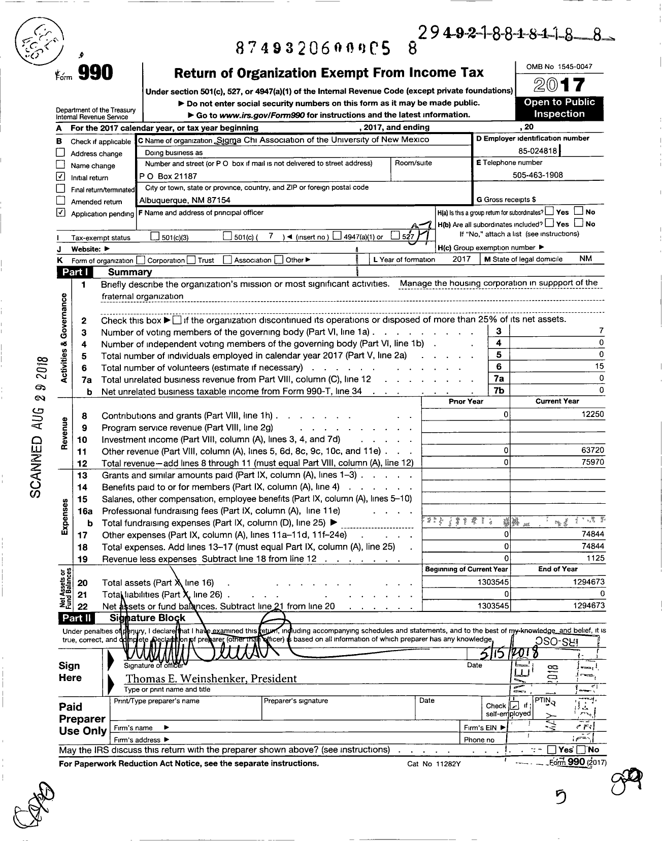 Image of first page of 2017 Form 990O for Sigma Chi Association of the University of New Mexico