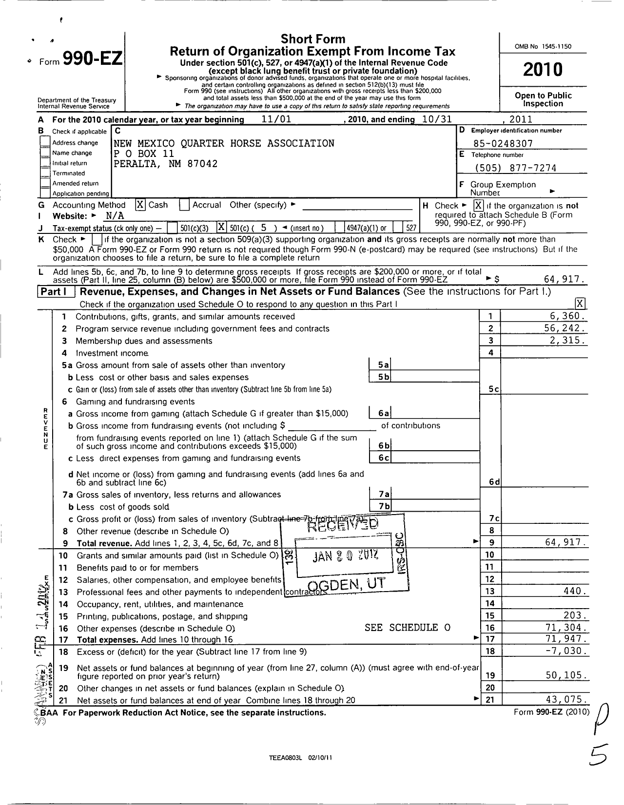 Image of first page of 2010 Form 990EO for New Mexico Quarter Horse Association