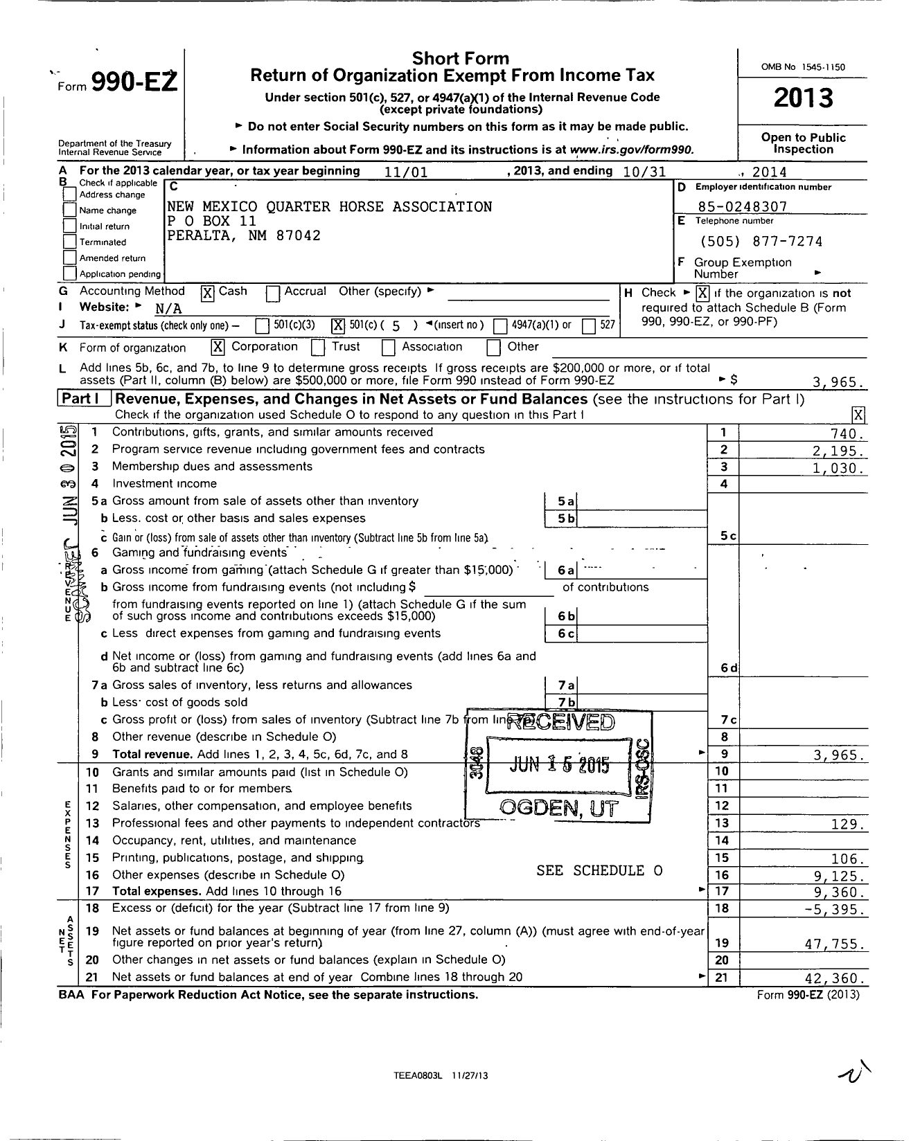 Image of first page of 2013 Form 990EO for New Mexico Quarter Horse Association