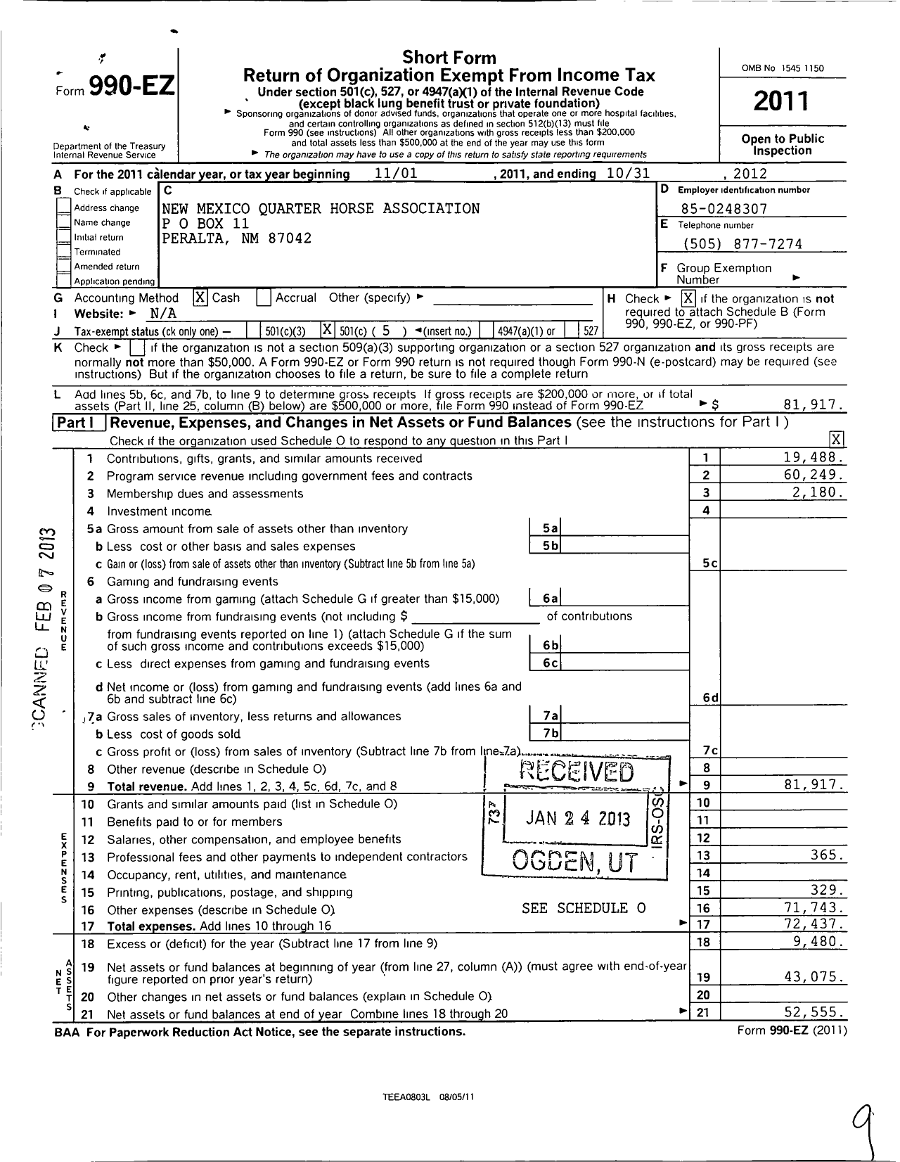 Image of first page of 2011 Form 990EO for New Mexico Quarter Horse Association