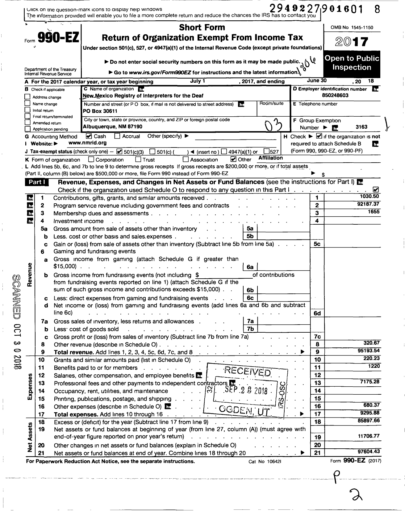 Image of first page of 2017 Form 990EZ for Registry of Interpreters for the Deaf / New Mexico Rid