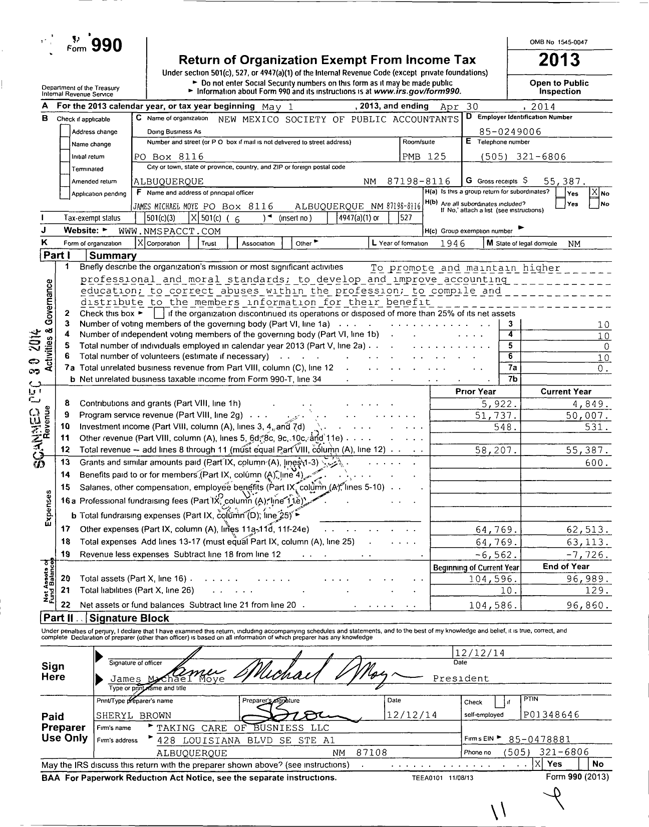 Image of first page of 2013 Form 990O for New Mexico Society of Public Accountants (NMSPA)