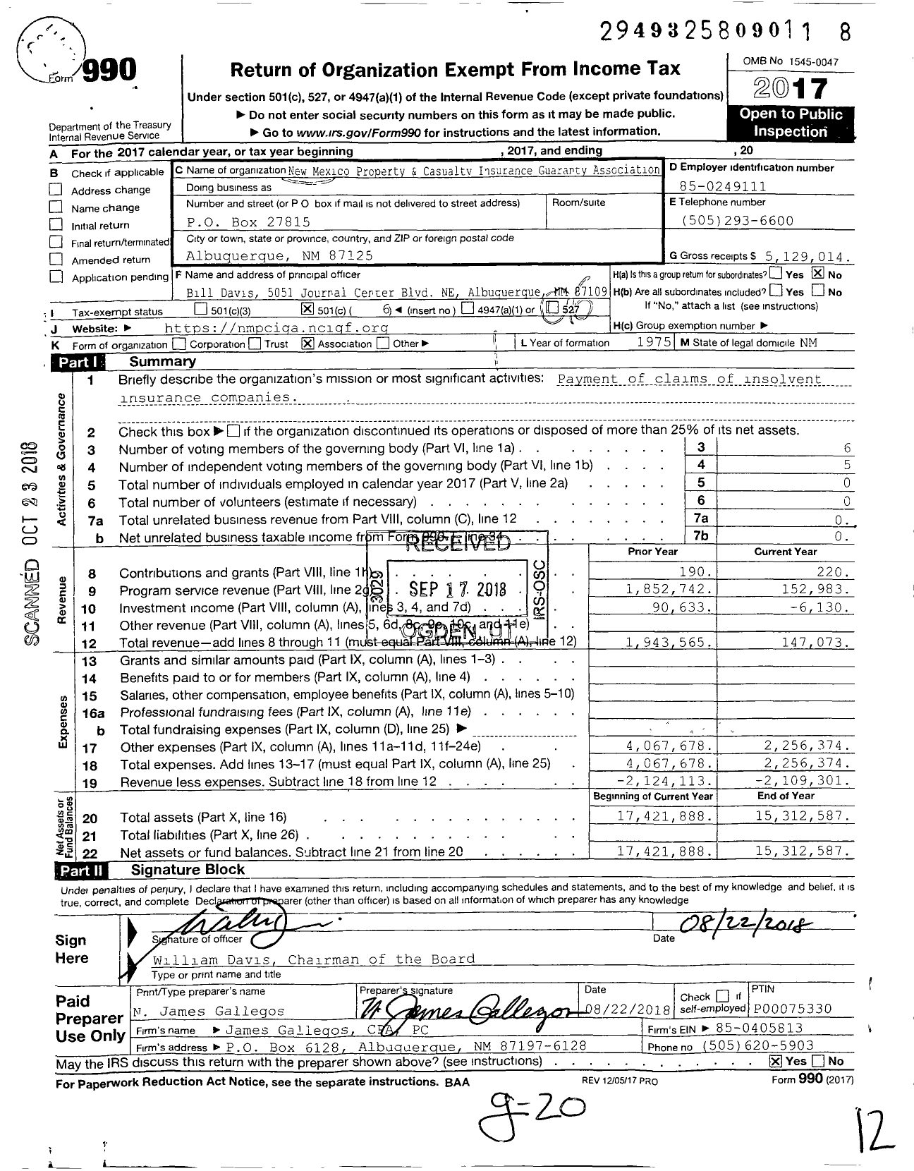 Image of first page of 2017 Form 990O for New Mexico Property & Casualty Insurance Guaranty Association