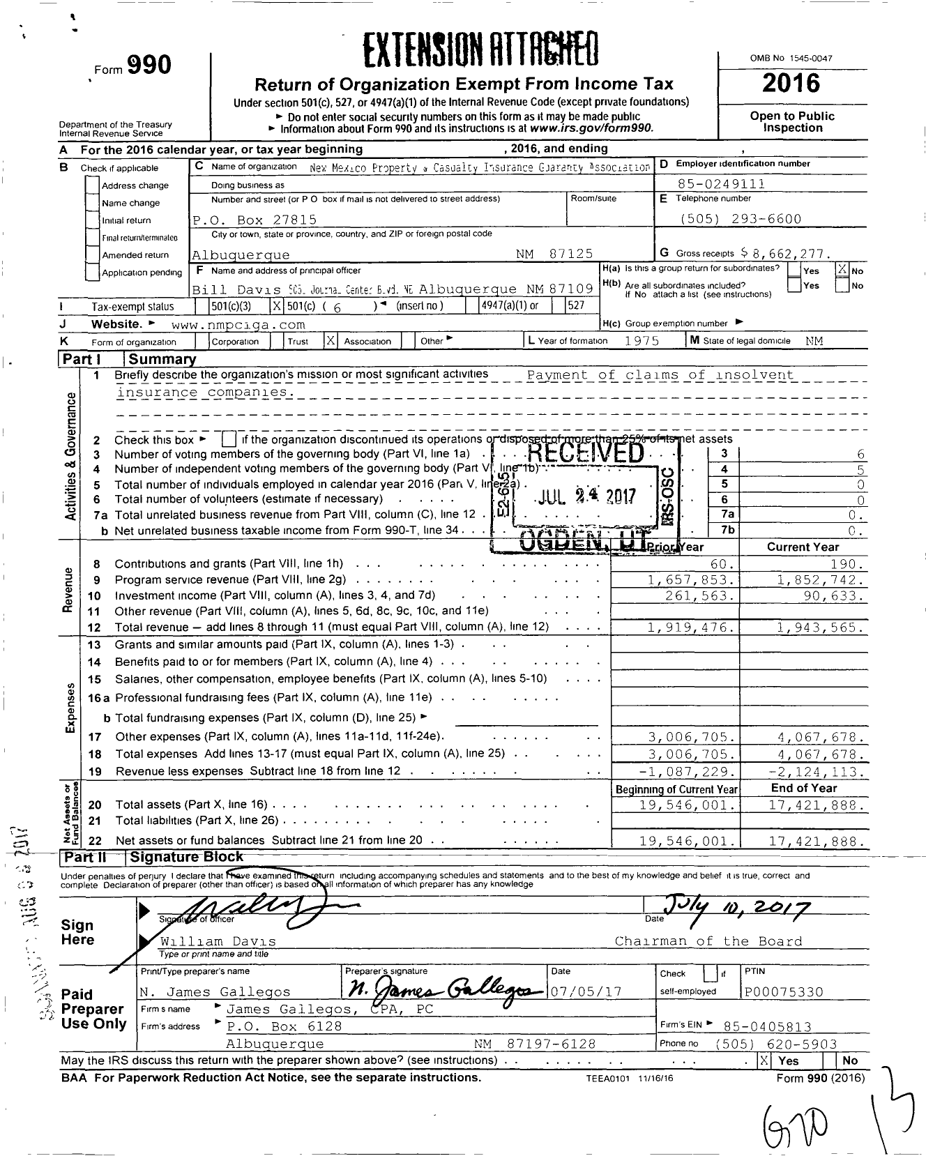 Image of first page of 2016 Form 990O for New Mexico Property & Casualty Insurance Guaranty Association