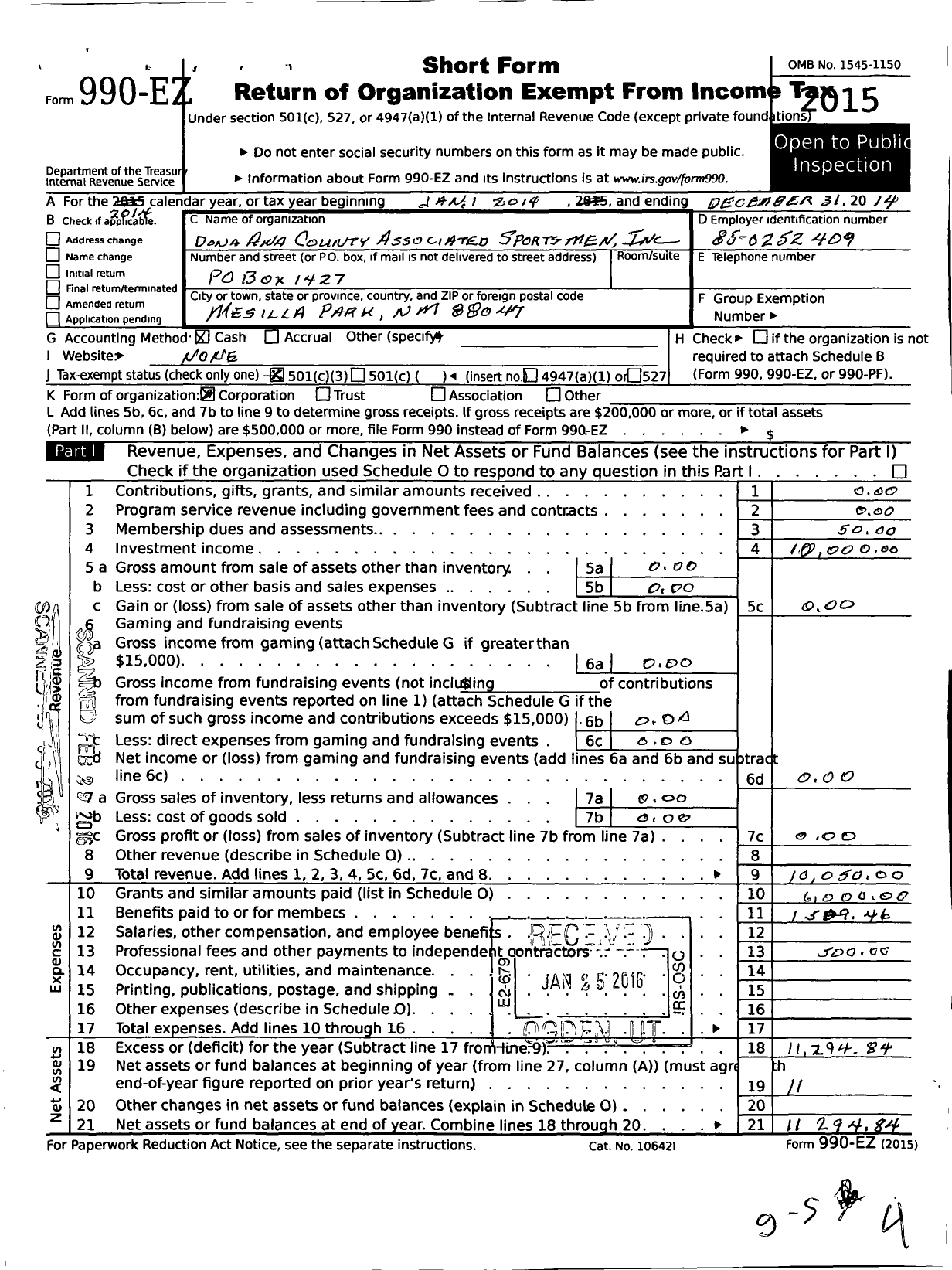 Image of first page of 2014 Form 990EZ for The Dona Ana County Associated Sportsmen