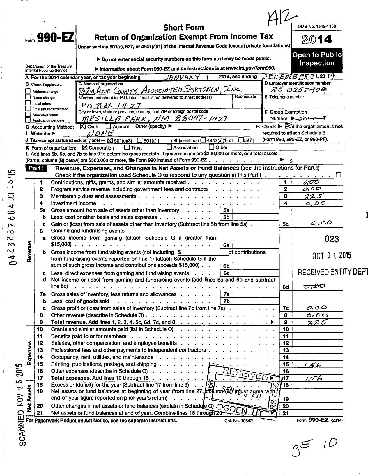 Image of first page of 2014 Form 990EZ for The Dona Ana County Associated Sportsmen