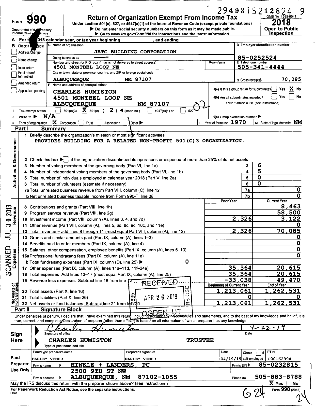 Image of first page of 2018 Form 990O for Jatc Building Corporation