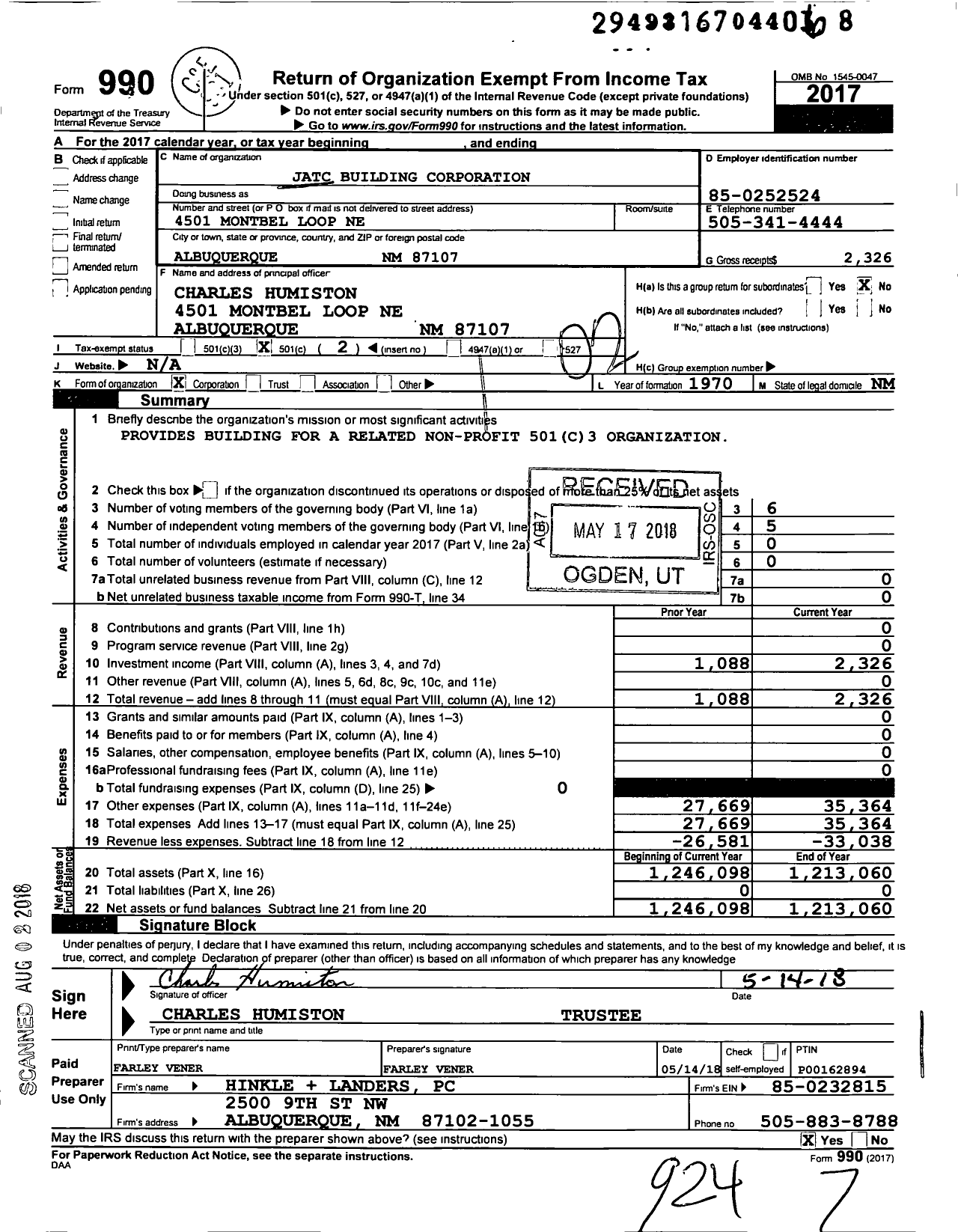 Image of first page of 2017 Form 990O for Jatc Building Corporation