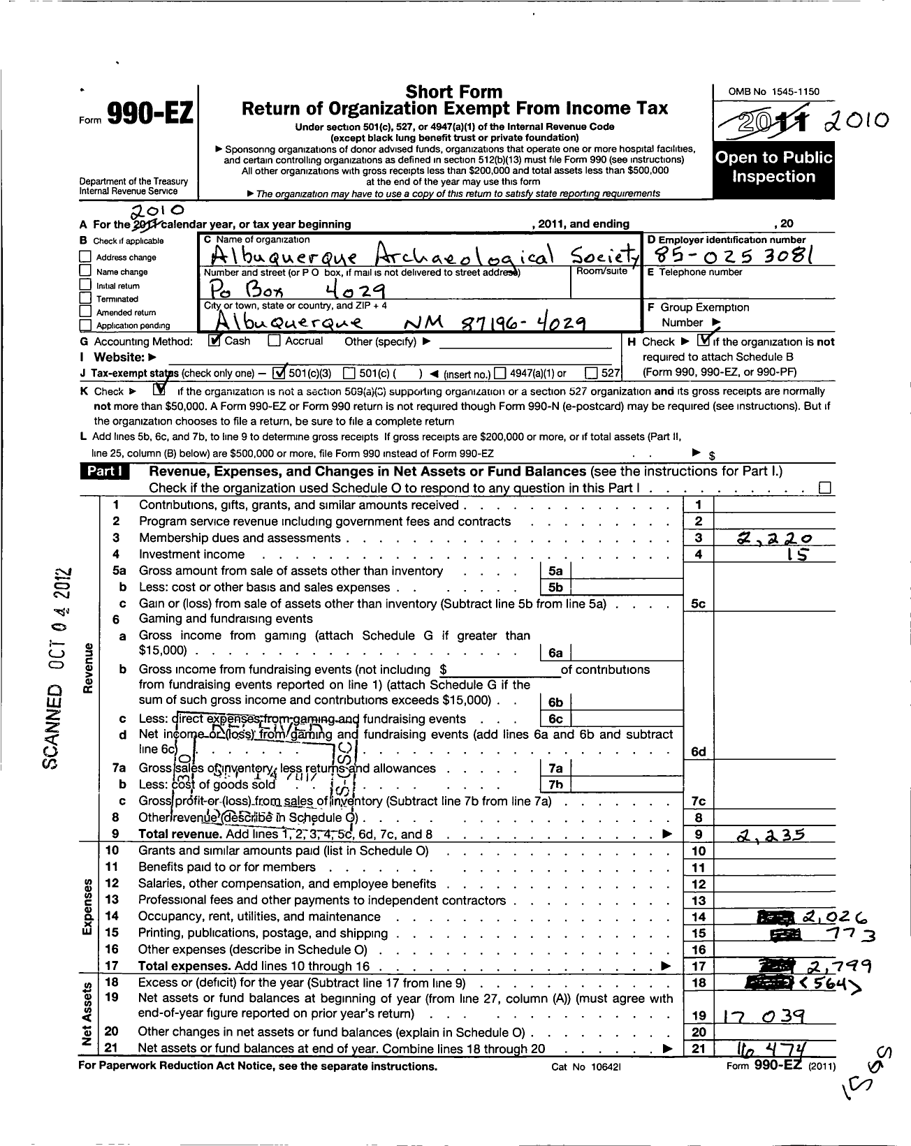 Image of first page of 2010 Form 990EZ for Albuquerque Archaeological Society