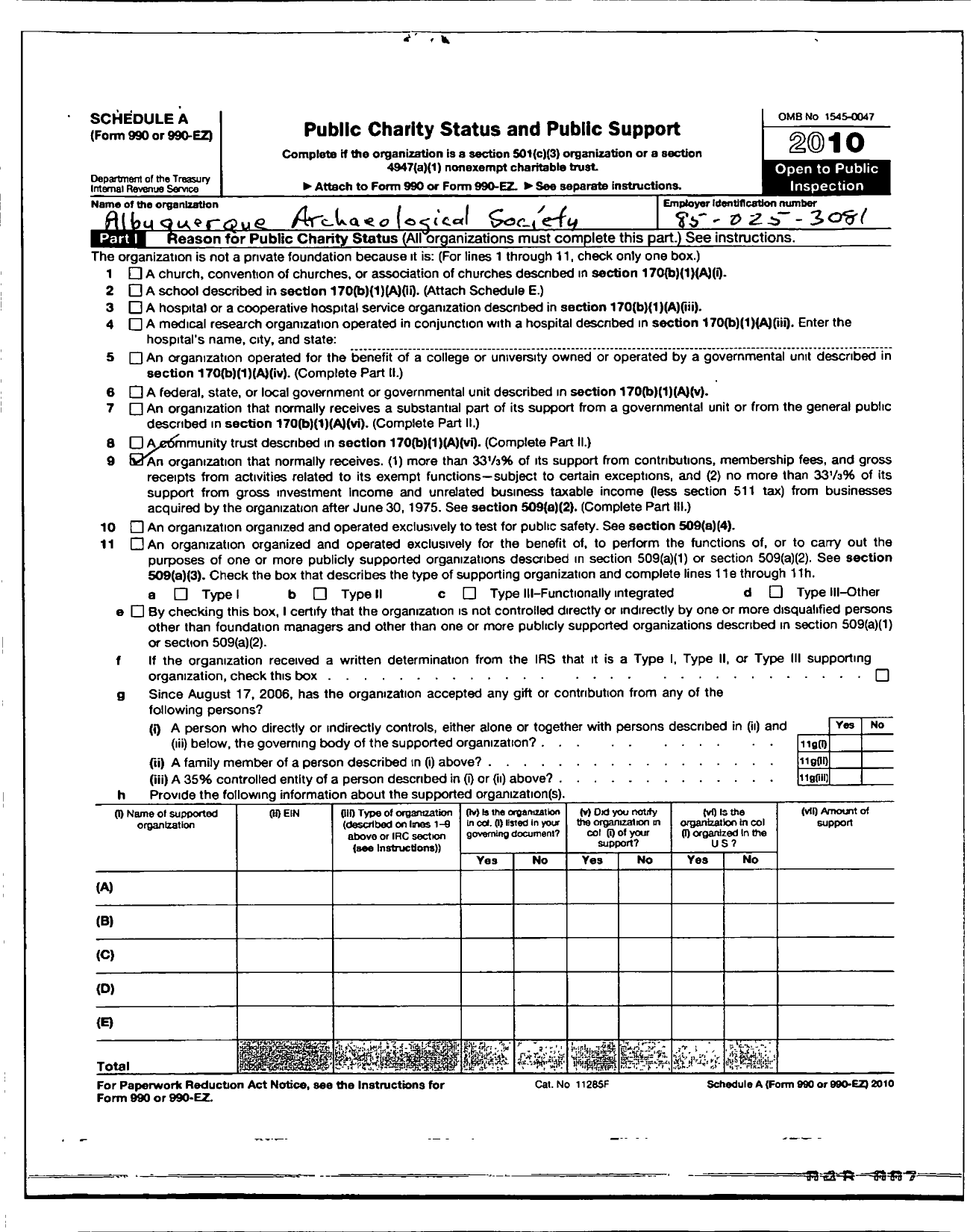 Image of first page of 2010 Form 990ER for Albuquerque Archaeological Society