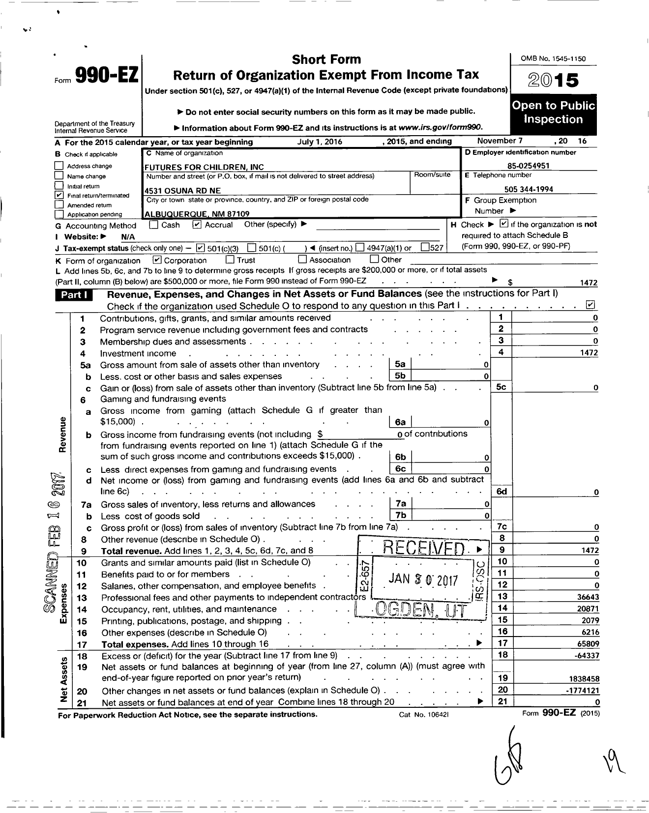 Image of first page of 2015 Form 990EZ for Futures for Children