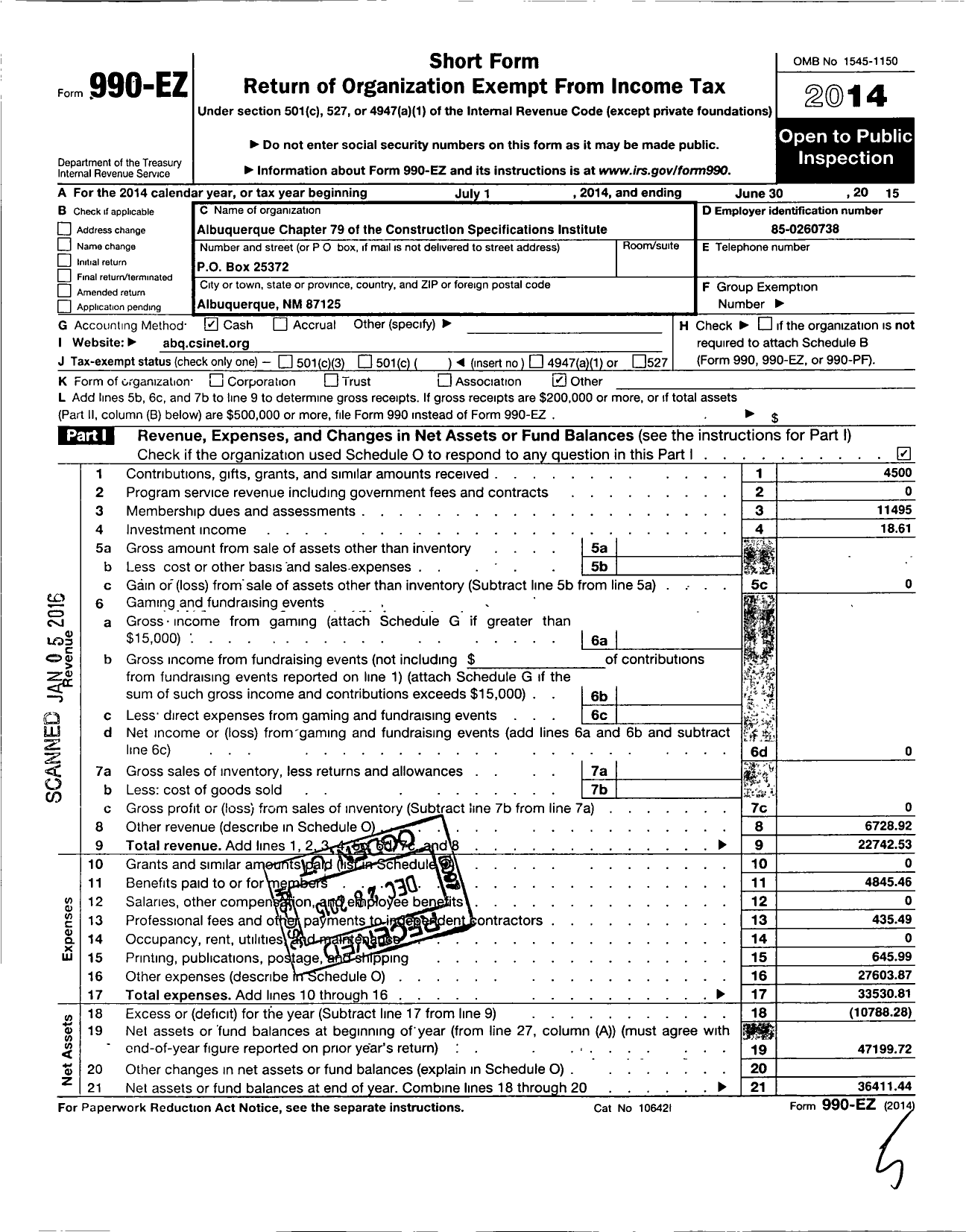 Image of first page of 2014 Form 990EO for Albuquerque Chapter 79 of the Construction Specifications Institute