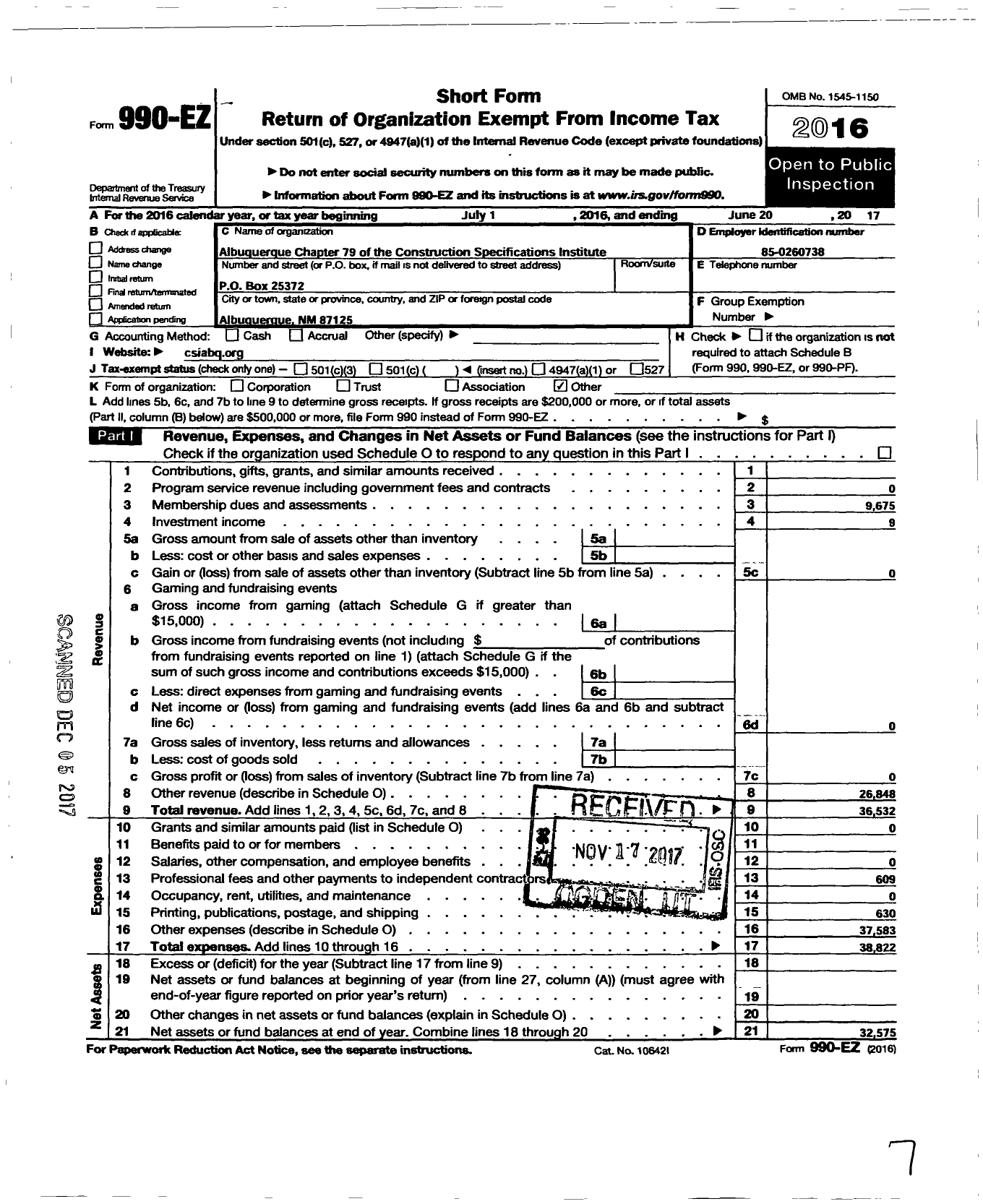 Image of first page of 2016 Form 990EO for Albuquerque Chapter 79 of the Construction Specifications Institute