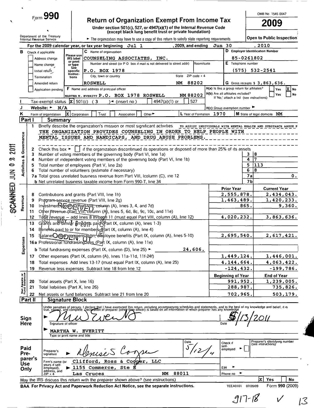 Image of first page of 2009 Form 990 for Counseling Associates