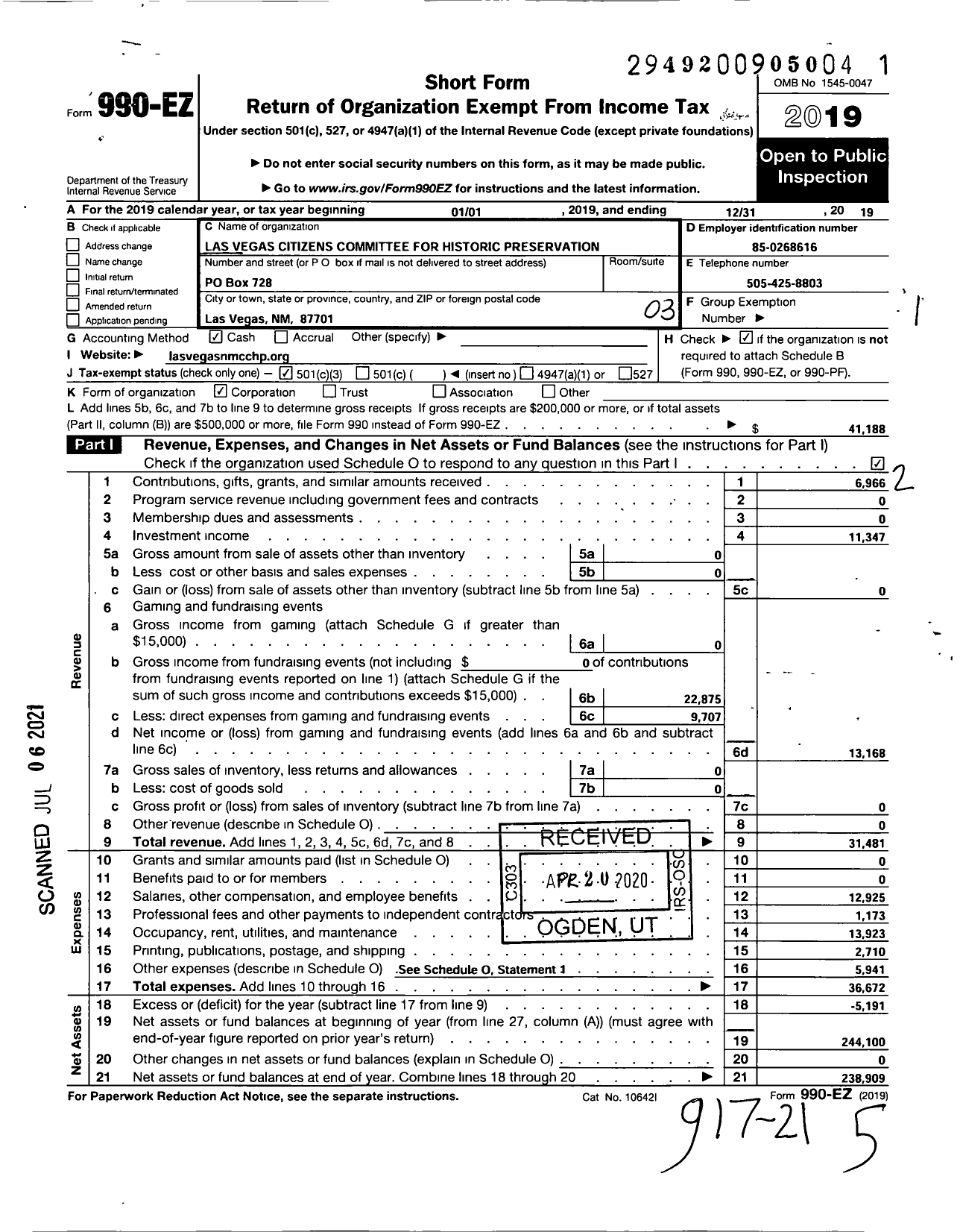 Image of first page of 2019 Form 990EZ for Las Vegas Citizens Committee for Historic Preservation