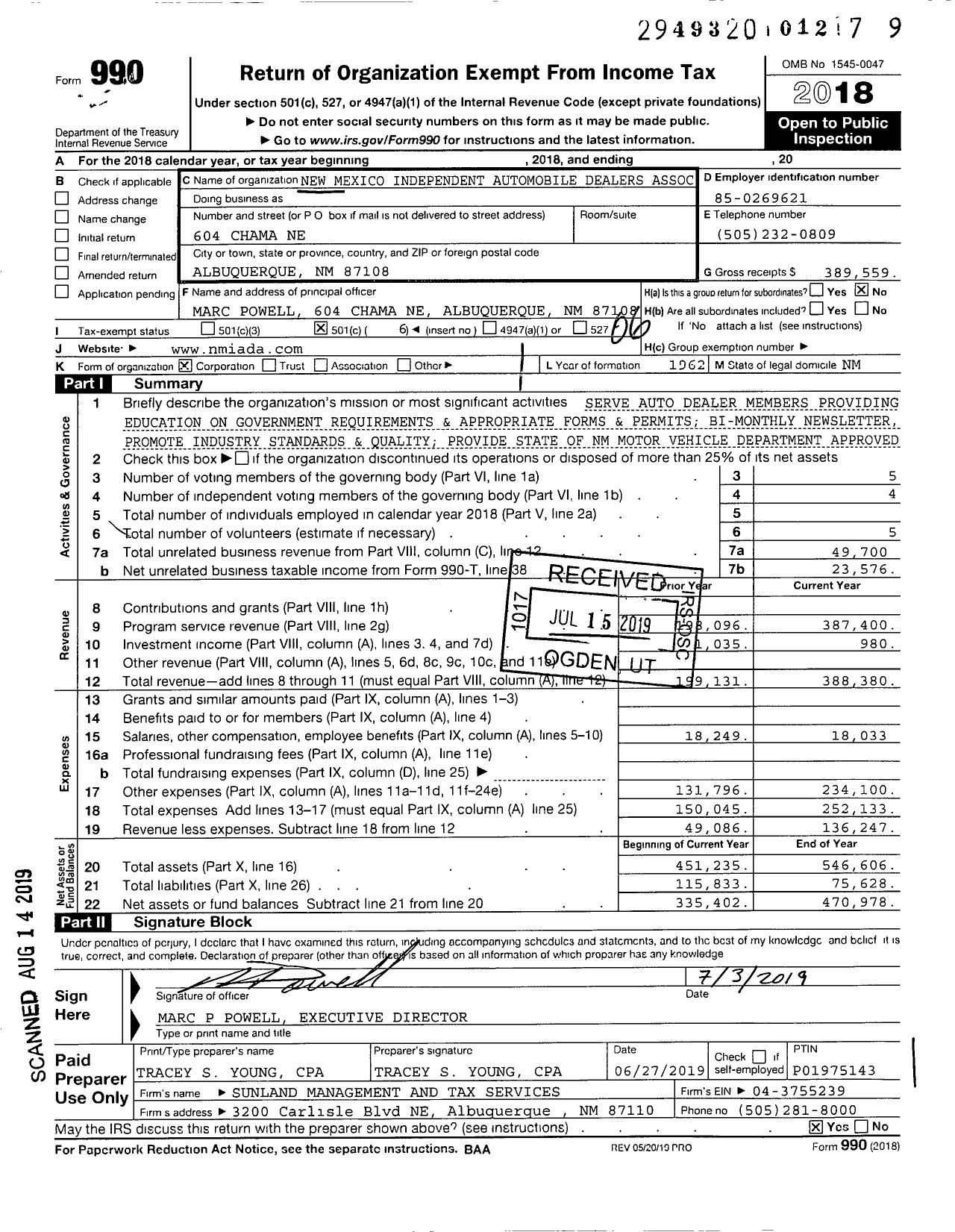 Image of first page of 2018 Form 990O for New Mexico Independent Automobile Dealers Association