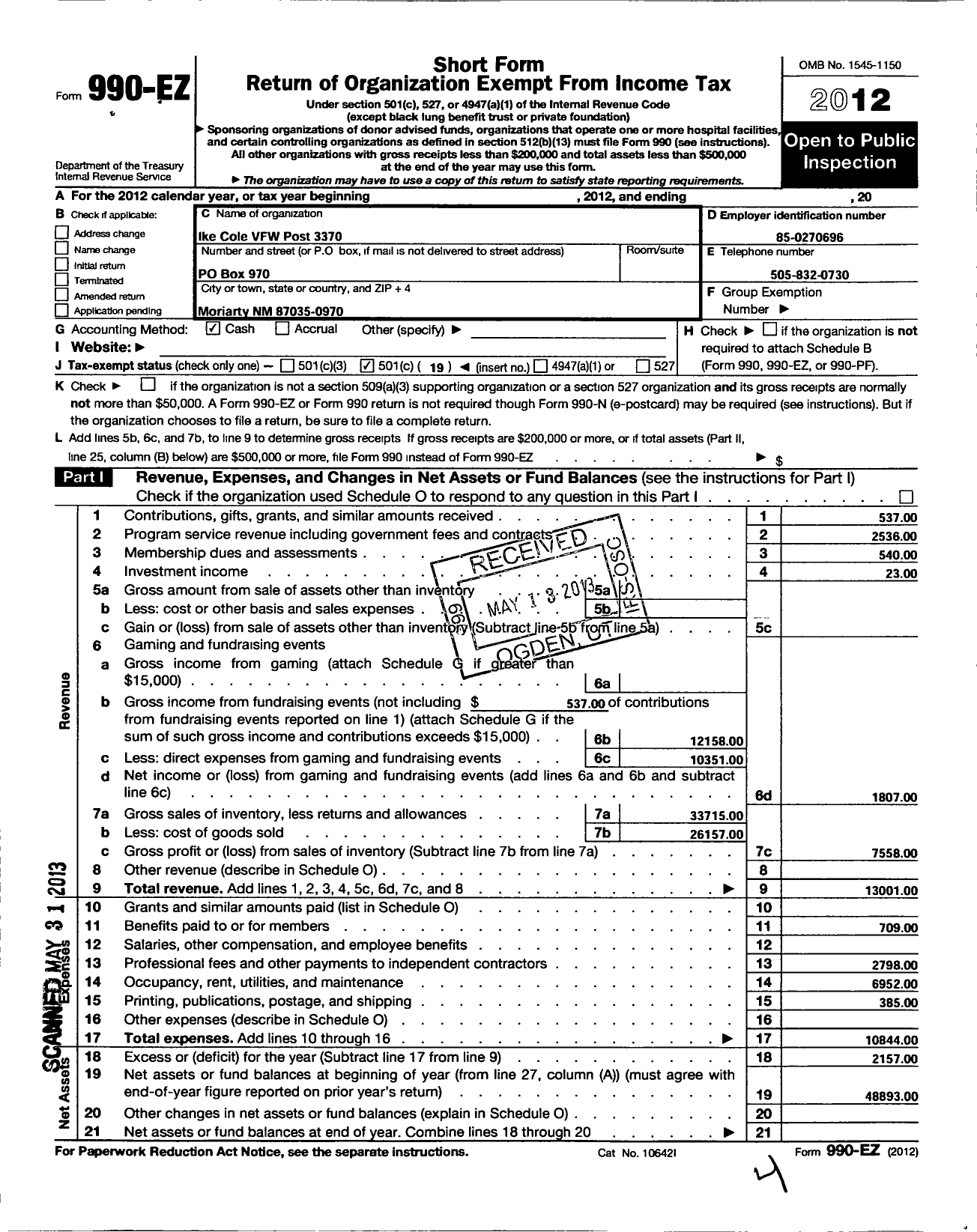 Image of first page of 2012 Form 990EO for Veterans of Foreign Wars Department of New Mexico of the U S - 3370 Ike Cole Post