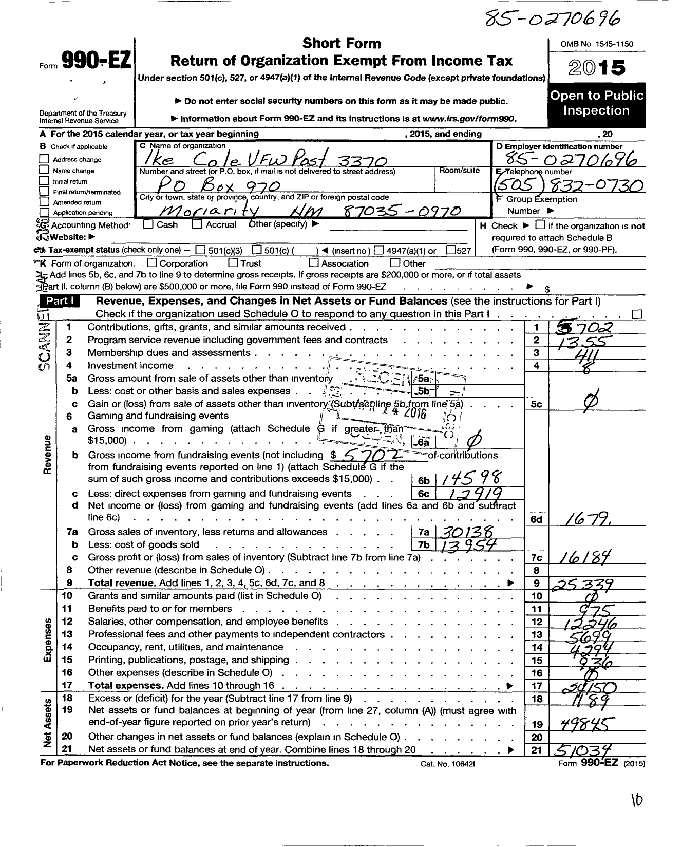 Image of first page of 2015 Form 990EO for Veterans of Foreign Wars Department of New Mexico of the U S - 3370 Ike Cole Post