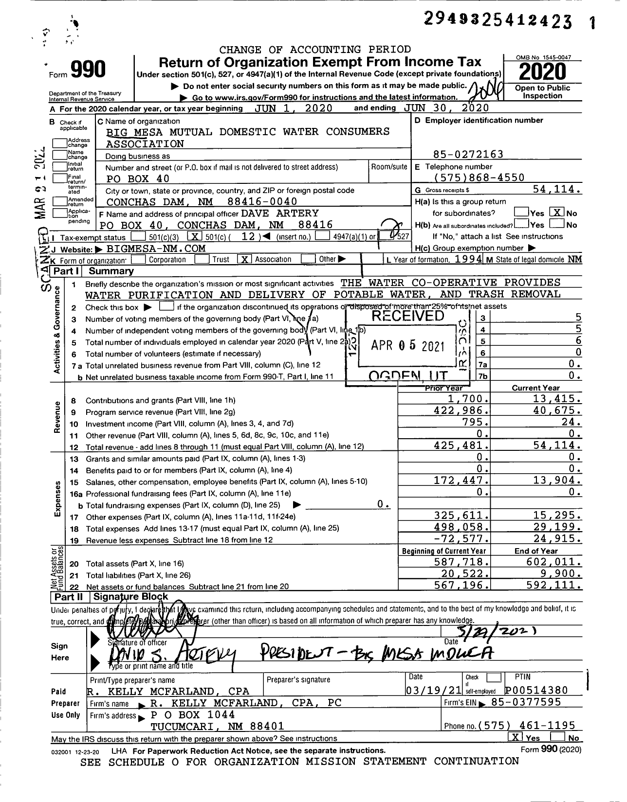 Image of first page of 2019 Form 990O for Big Mesa Mutual Domestic Water Consumers Association