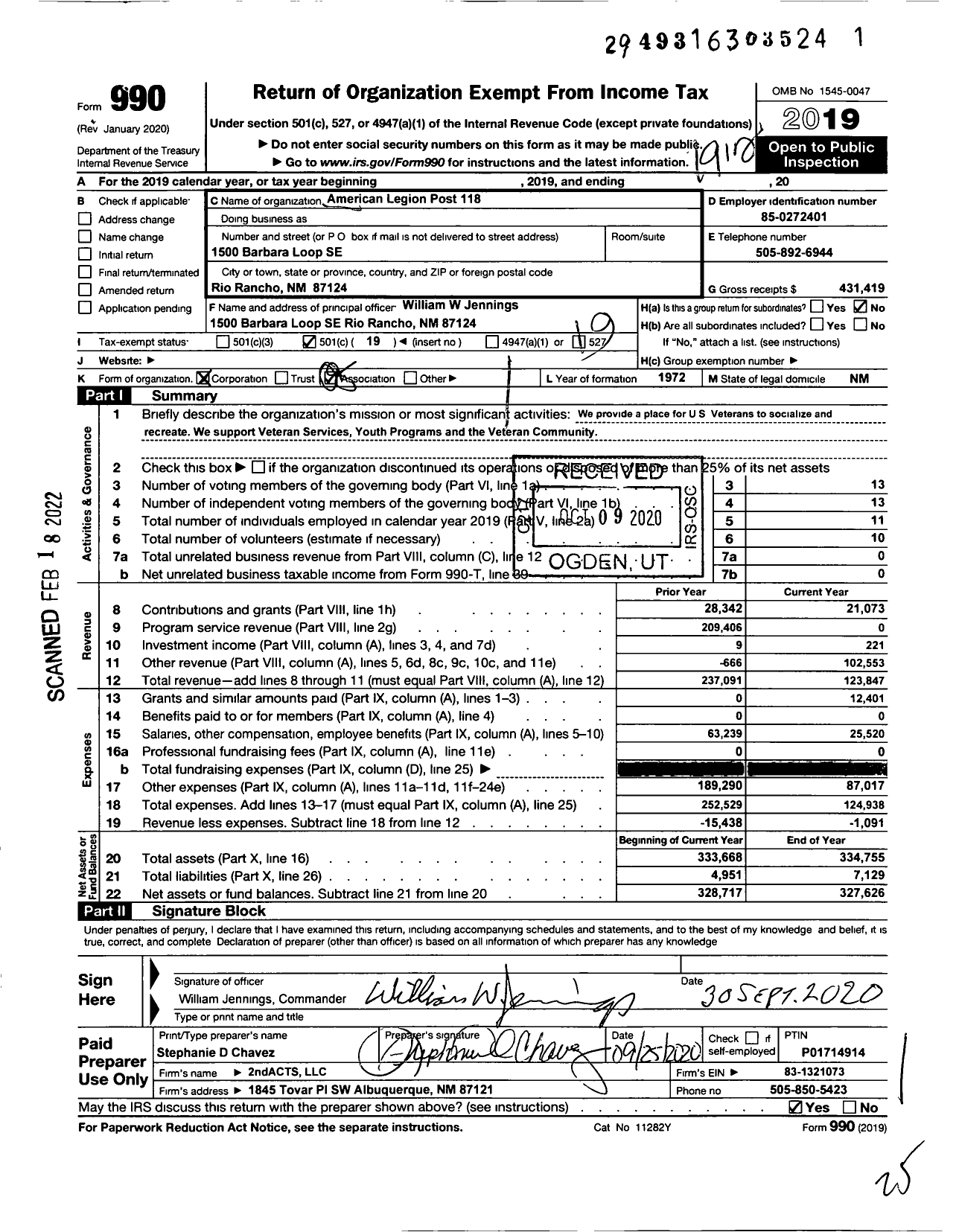 Image of first page of 2019 Form 990O for American LEGION - The American LEGION Post 118