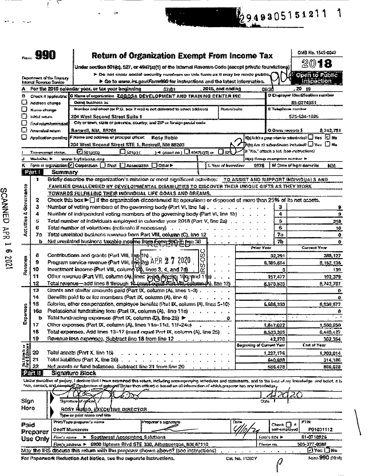 Image of first page of 2018 Form 990 for Tobosa Developmental and Training Center