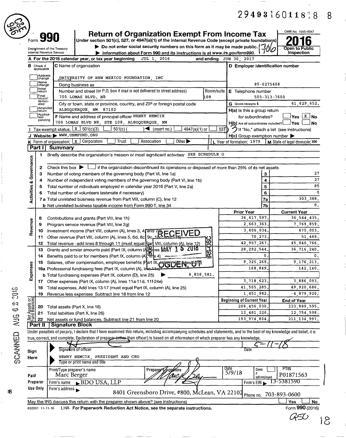 Image of first page of 2016 Form 990 for University of New Mexico Foundation