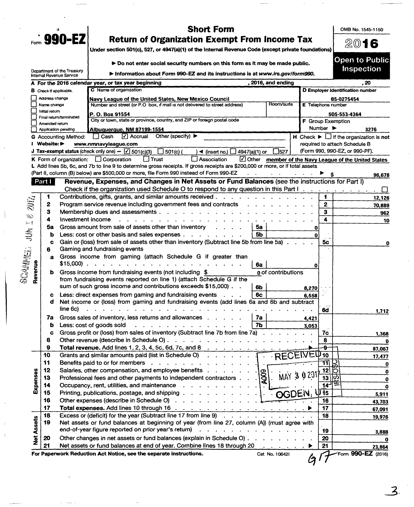 Image of first page of 2016 Form 990EZ for Navy League of the United States / New Mexico Council