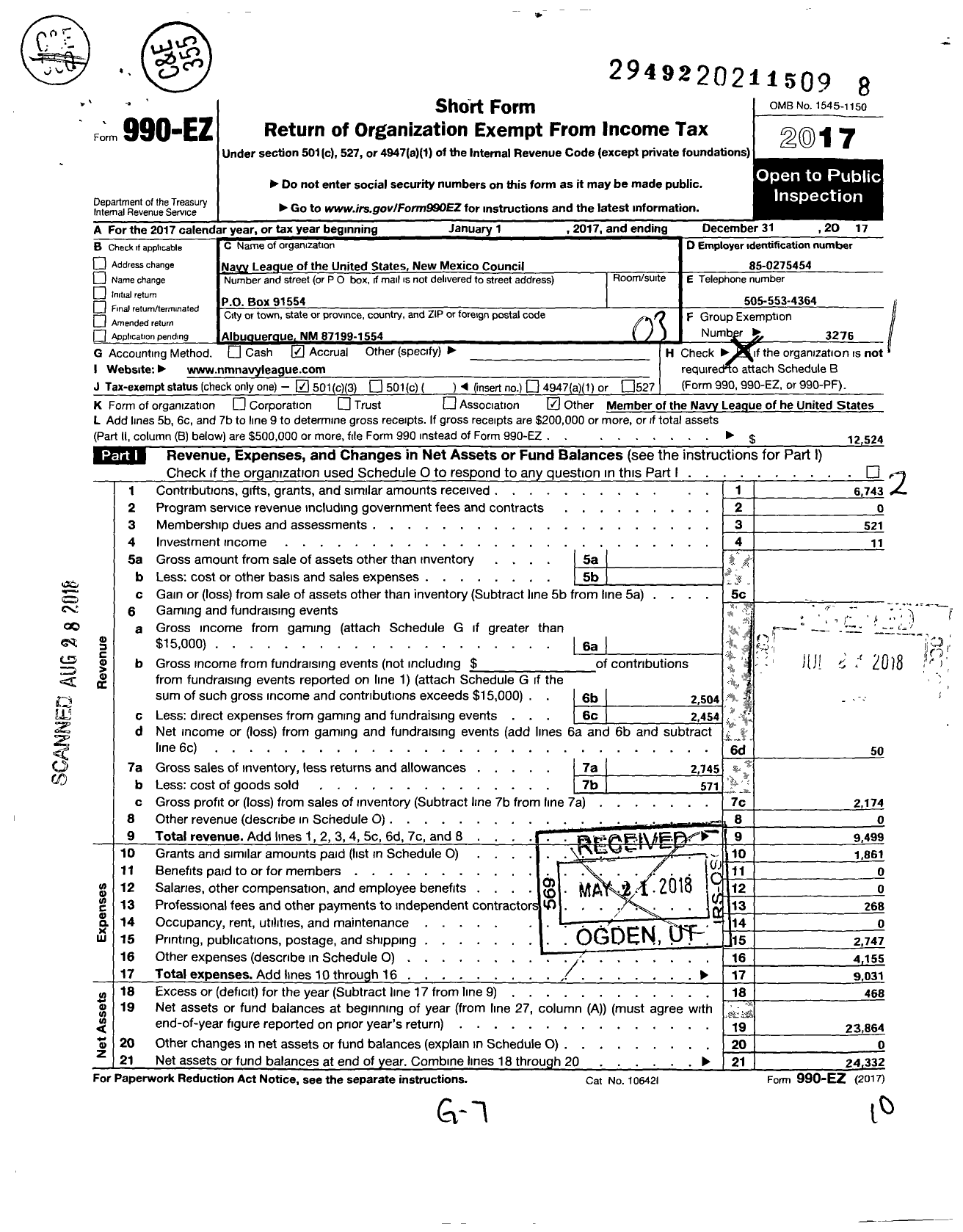 Image of first page of 2017 Form 990EZ for Navy League of the United States / New Mexico Council