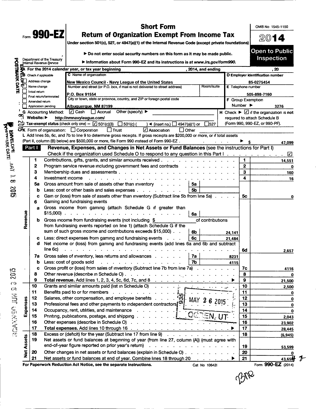 Image of first page of 2014 Form 990EZ for Navy League of the United States / New Mexico Council