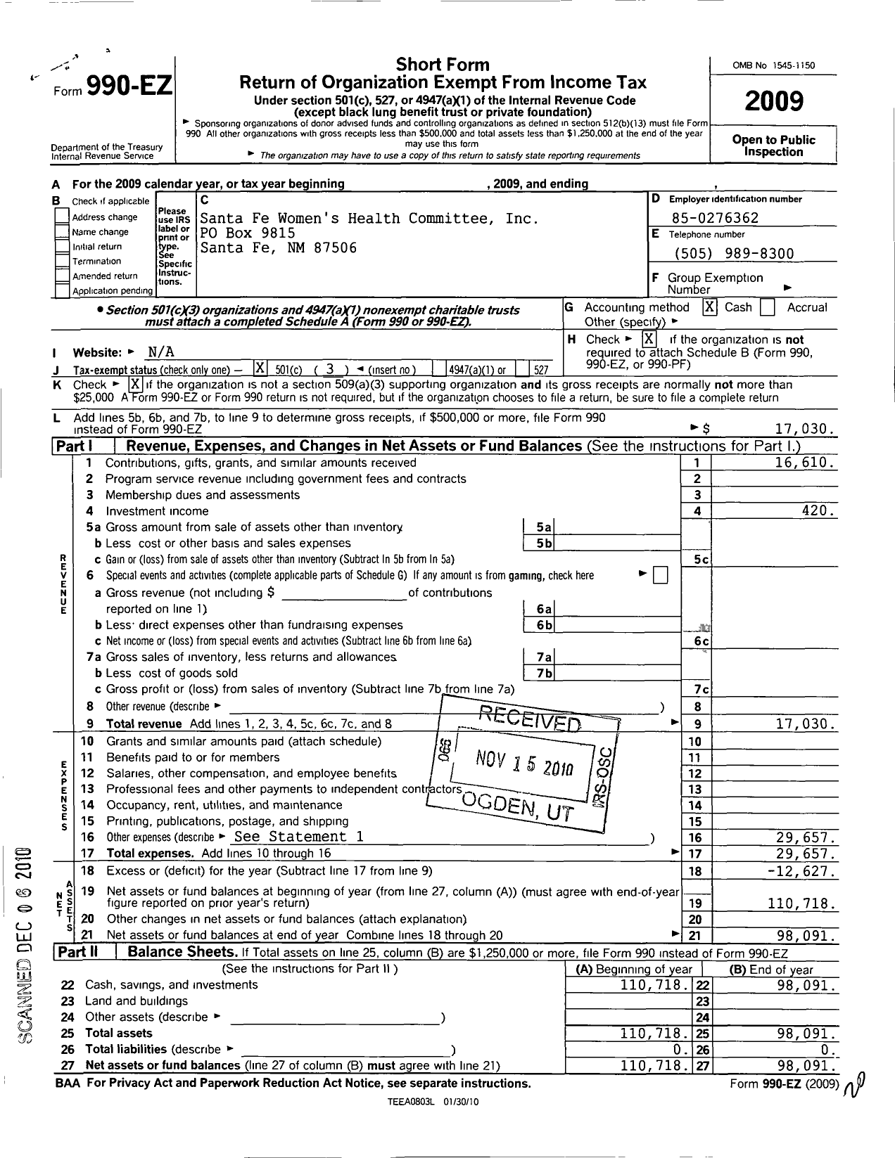 Image of first page of 2009 Form 990EZ for Santa Fe Womens Health Committee