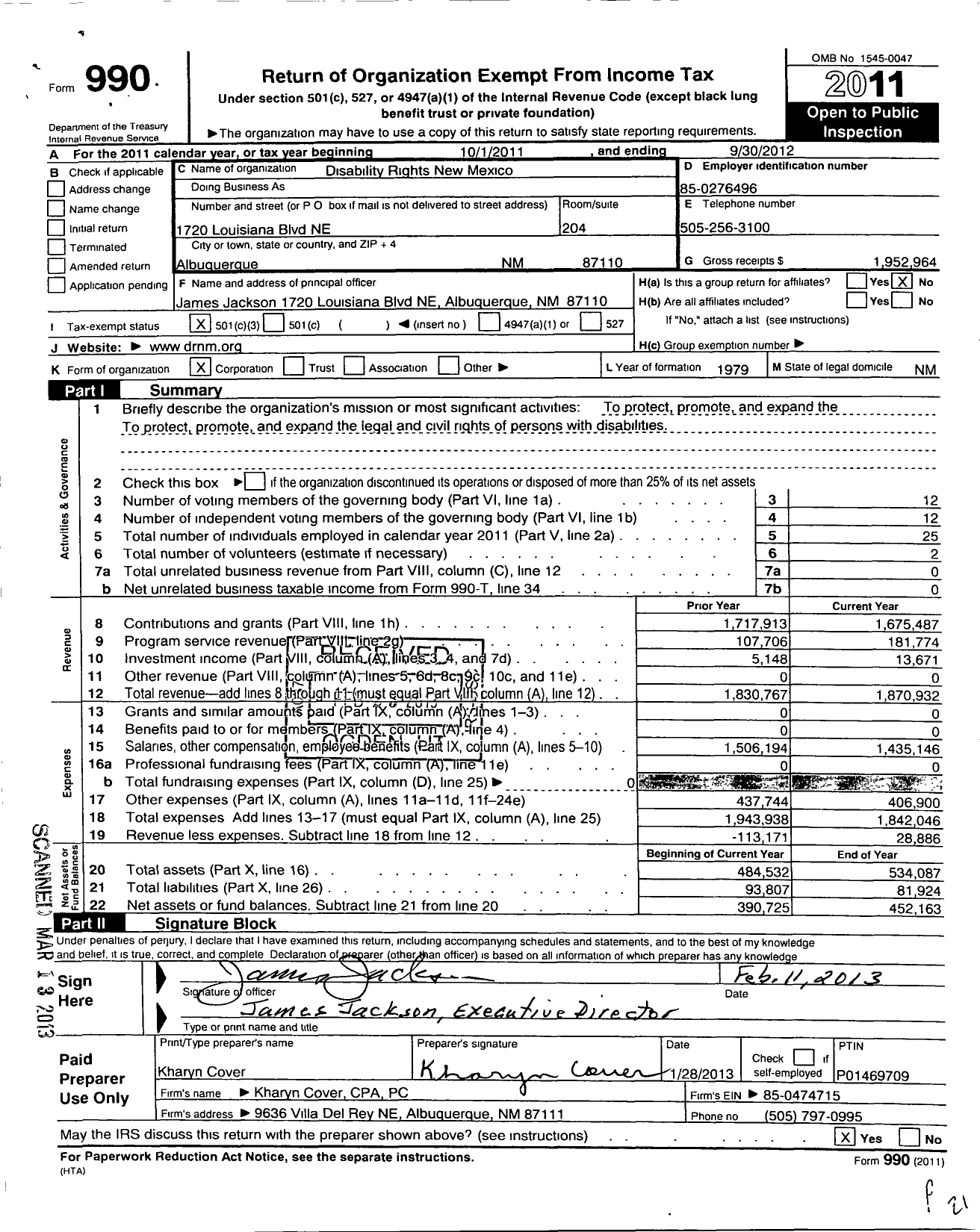 Image of first page of 2020 Form 990 for Disability Rights New Mexico