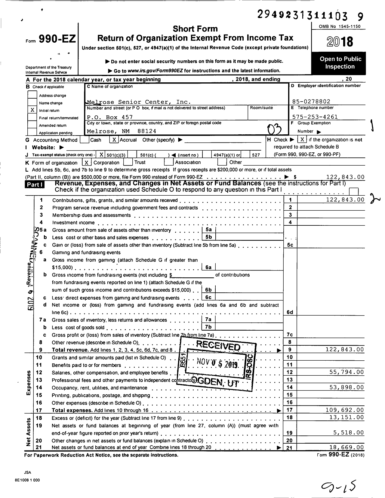 Image of first page of 2018 Form 990EZ for Senior Citizens Center of Melrose