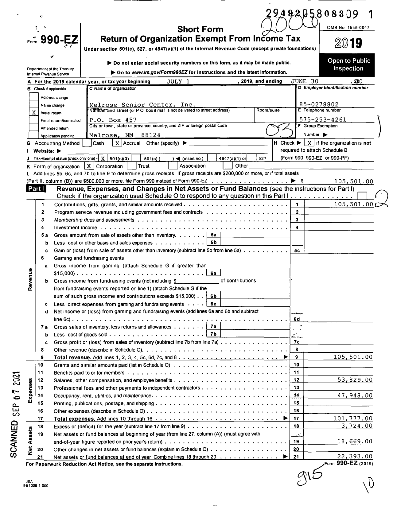 Image of first page of 2019 Form 990EZ for Senior Citizens Center of Melrose