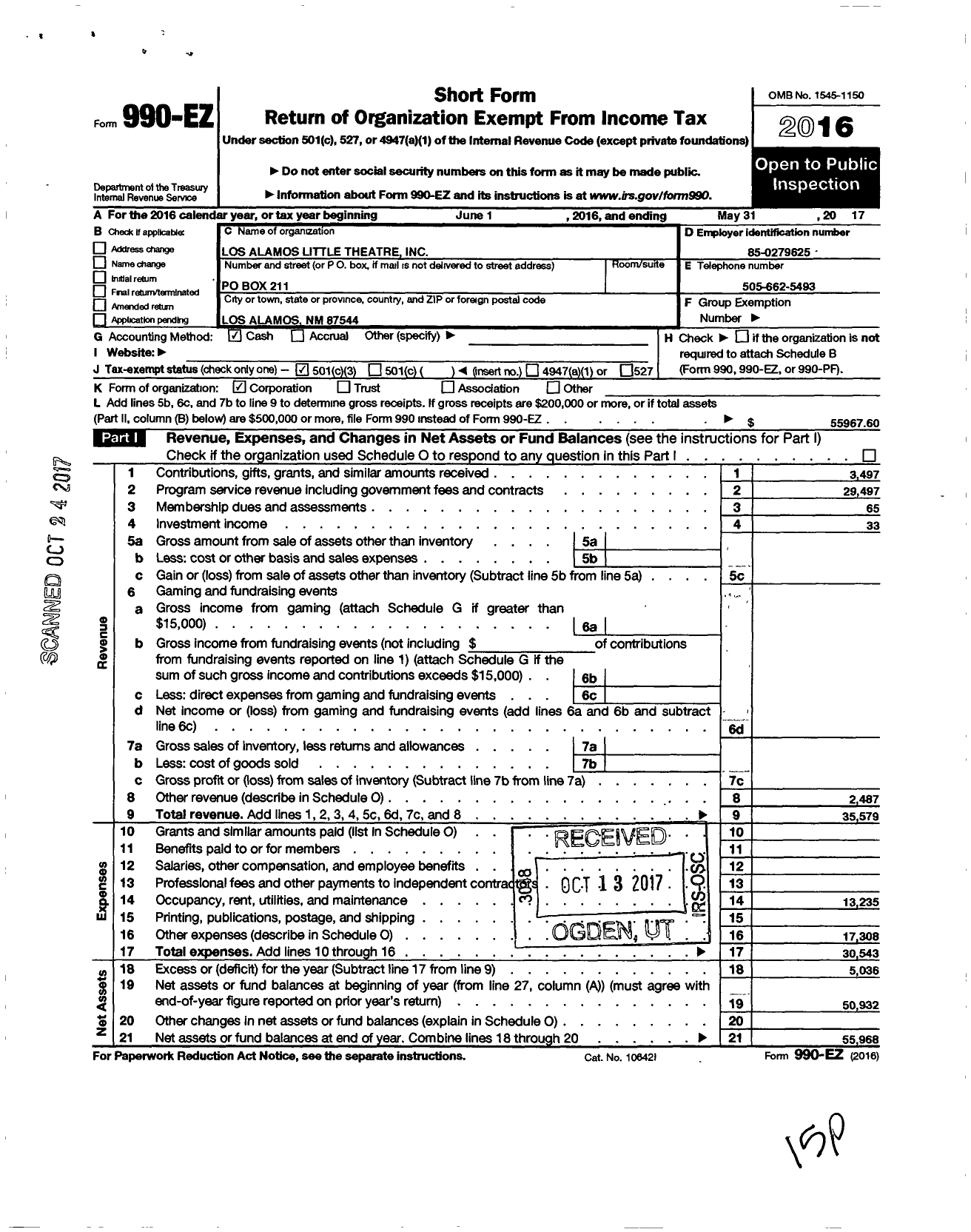 Image of first page of 2016 Form 990EZ for Los Alamos Little Theatre