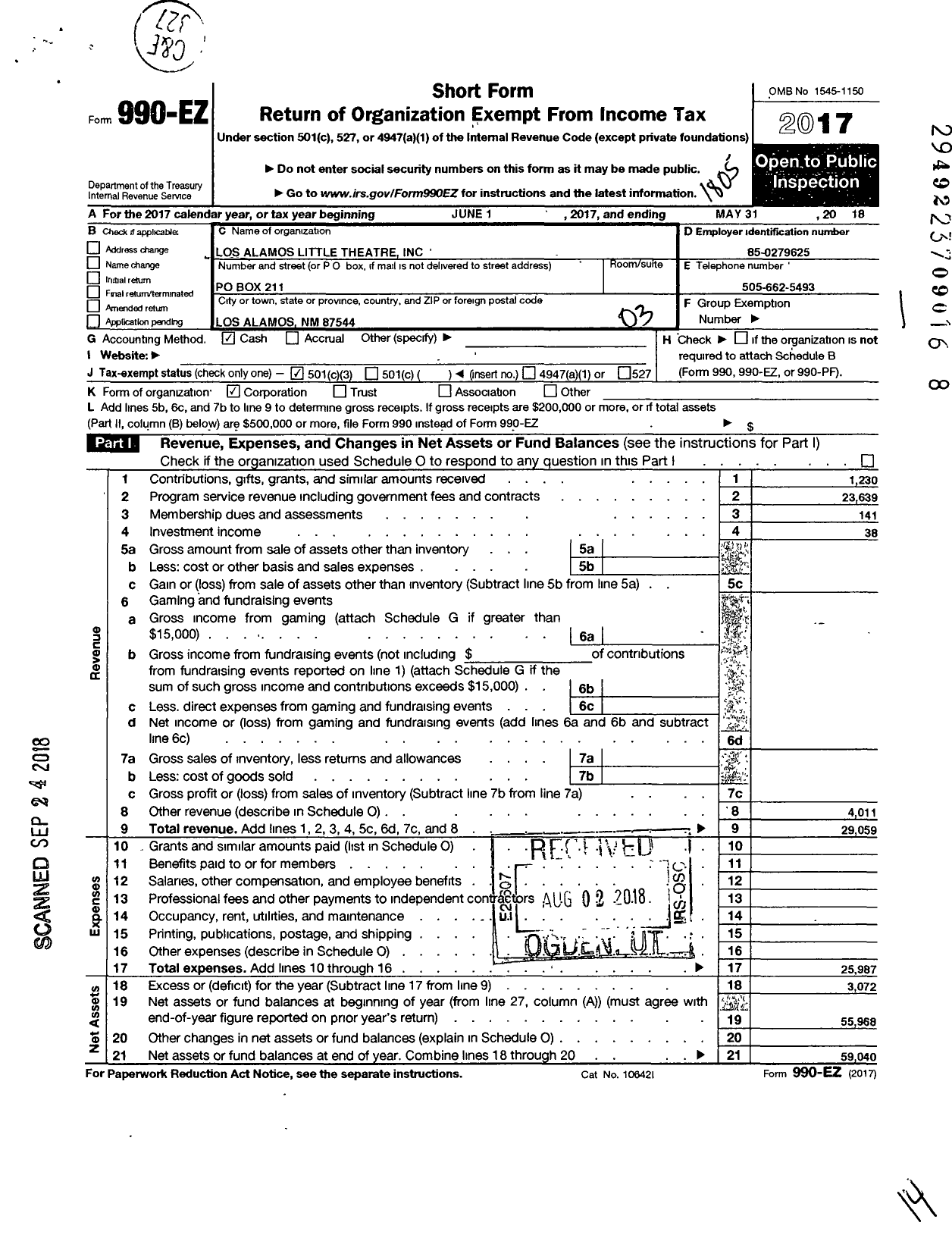 Image of first page of 2017 Form 990EZ for Los Alamos Little Theatre