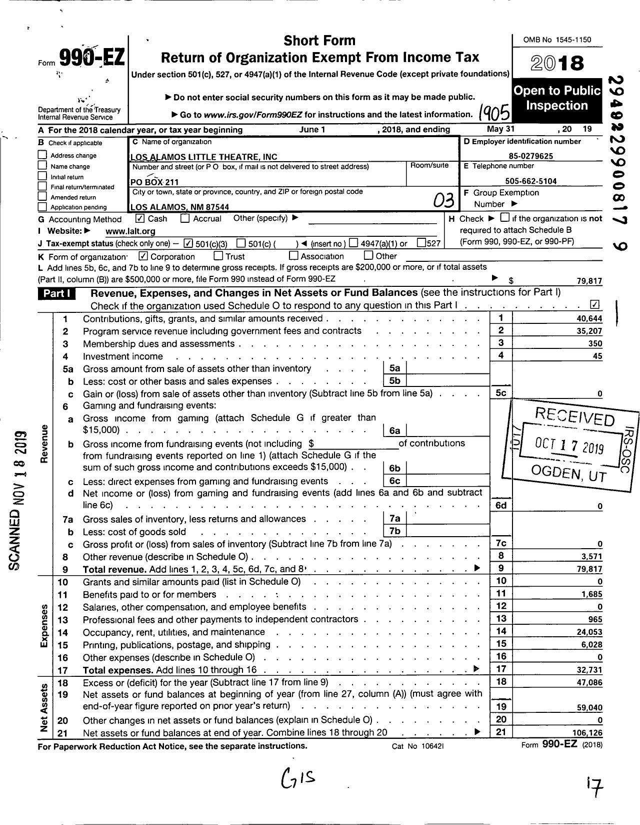 Image of first page of 2018 Form 990EZ for Los Alamos Little Theatre