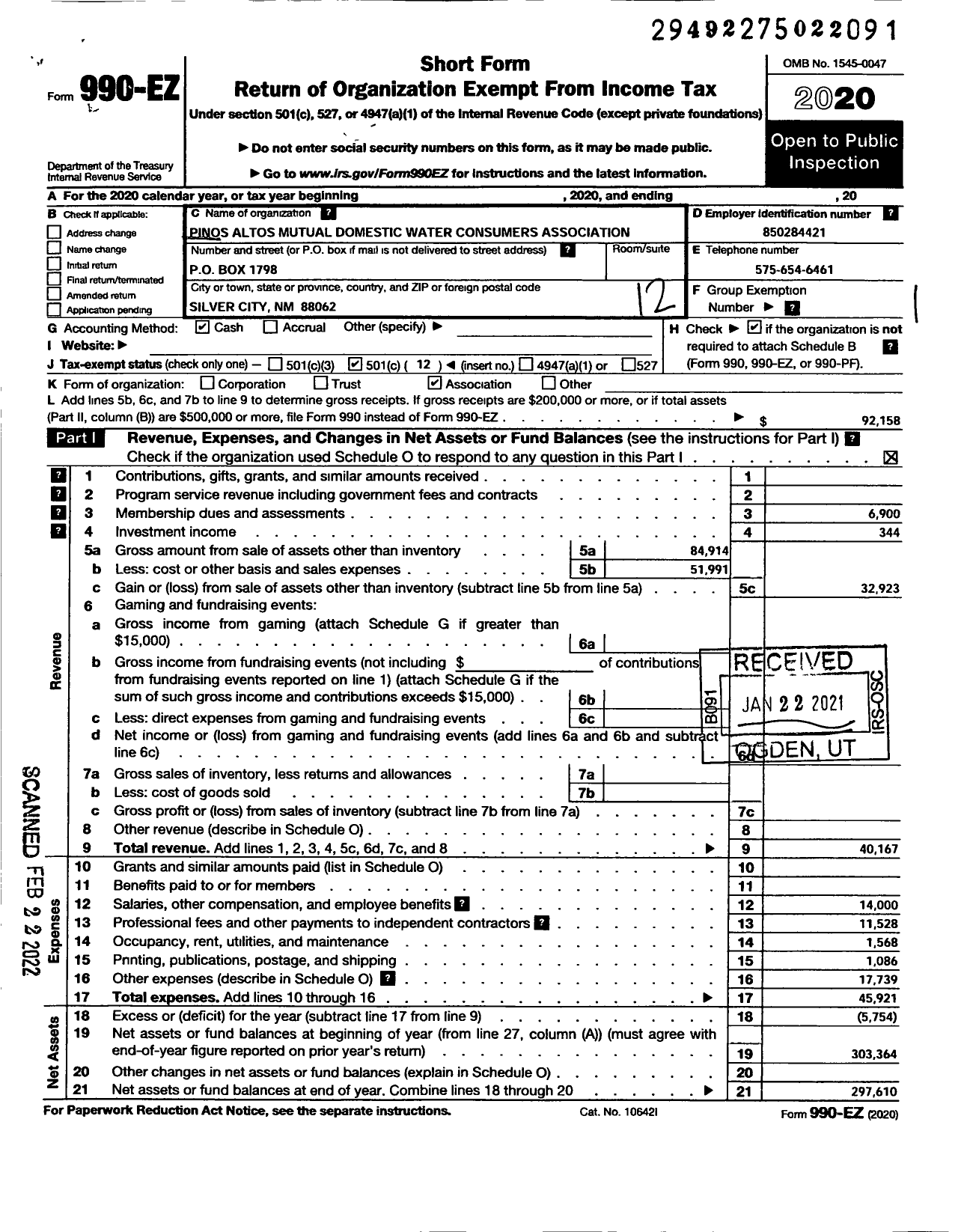 Image of first page of 2020 Form 990EO for Pinos Altos Mutual Domestic Water Comsumers Association