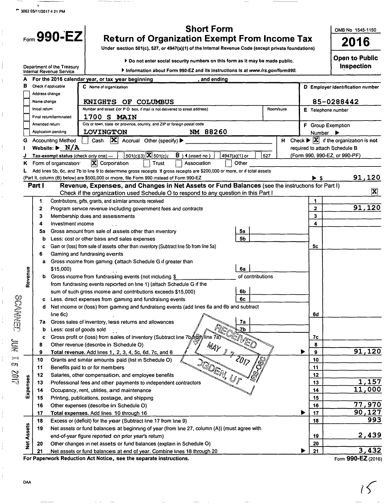 Image of first page of 2016 Form 990EO for Knights of Columbus - 7040 Lovington Council