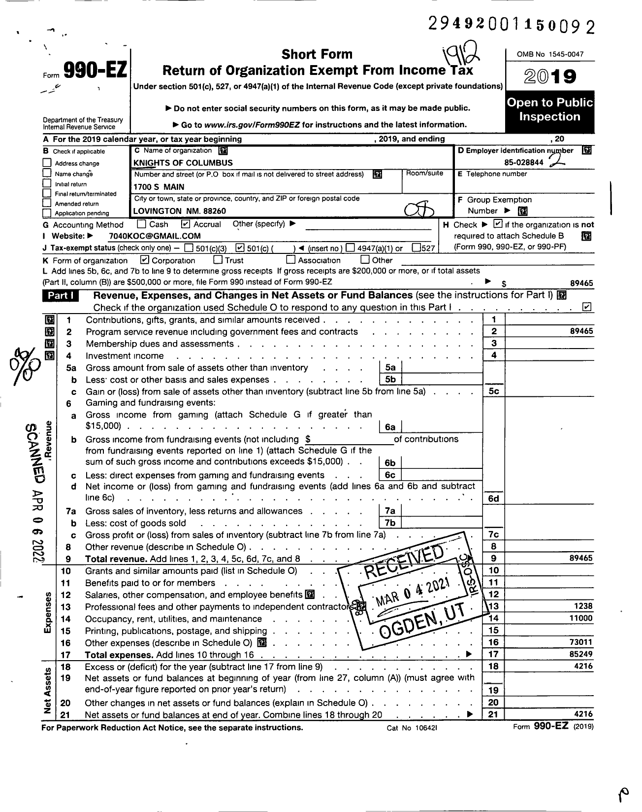 Image of first page of 2019 Form 990EO for Knights of Columbus - 7040 Lovington Council