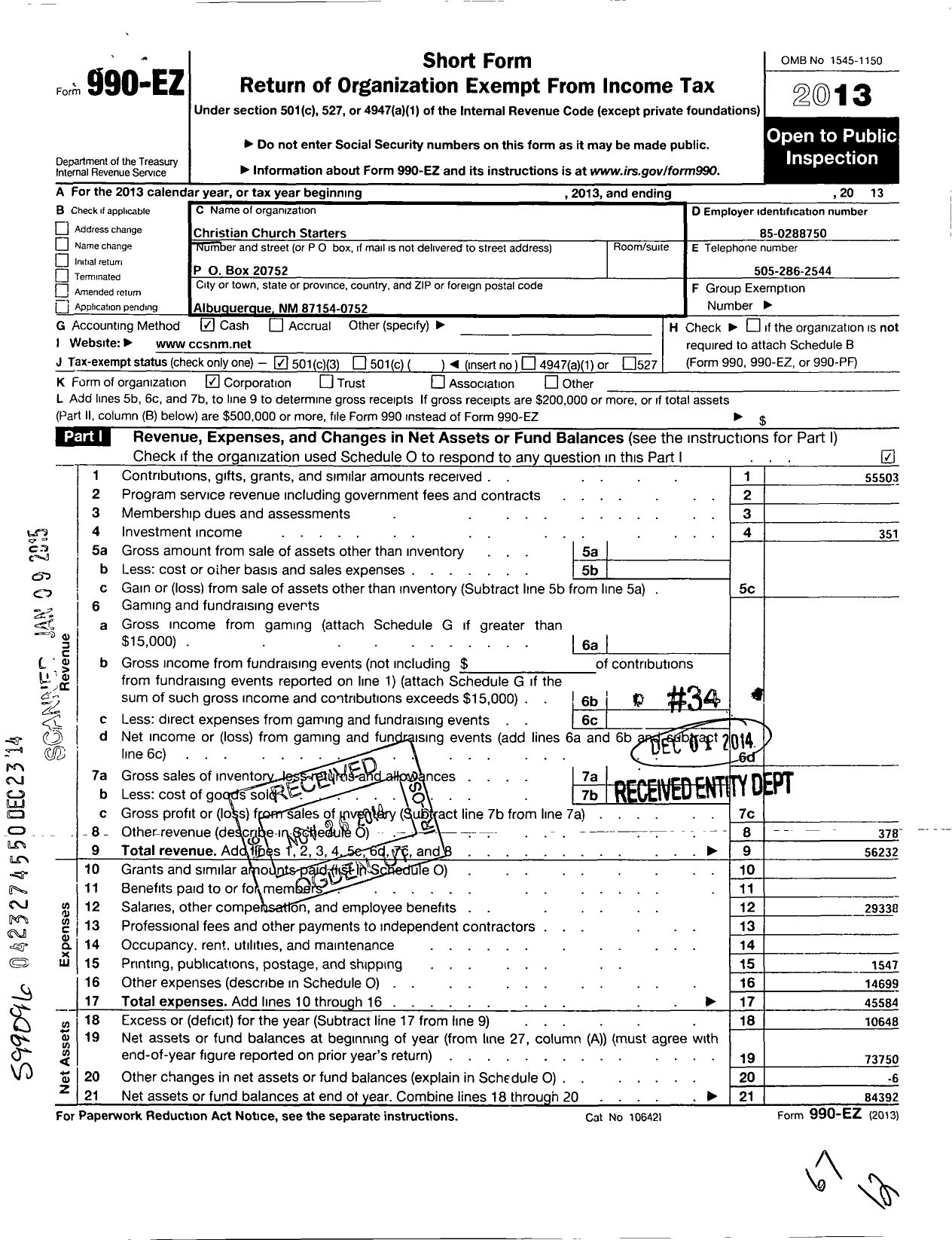 Image of first page of 2013 Form 990EZ for Christian Church Starters