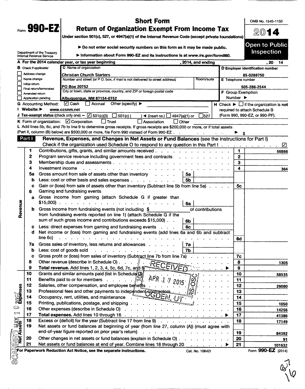 Image of first page of 2014 Form 990EZ for Christian Church Starters