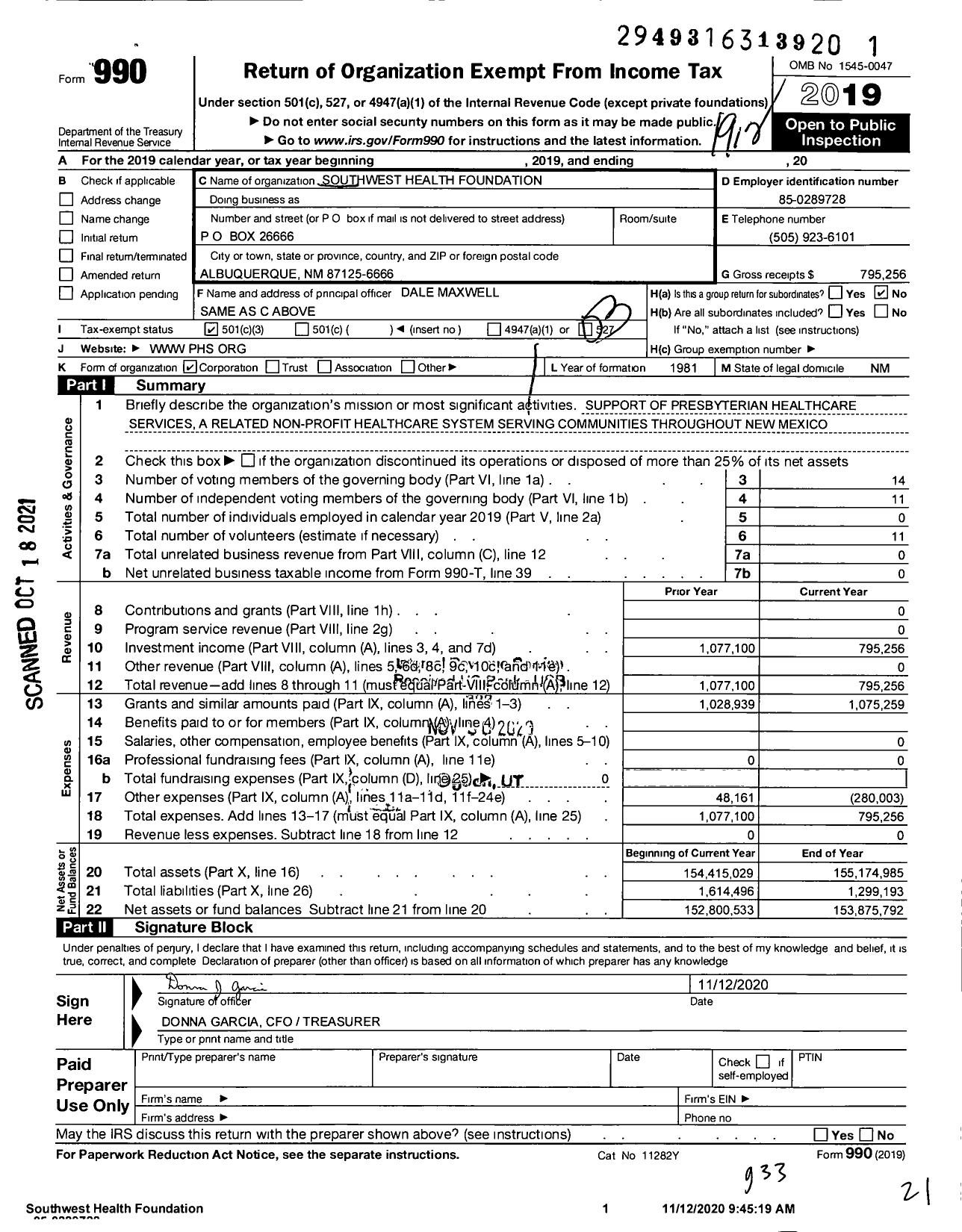 Image of first page of 2019 Form 990 for Southwest Health Foundation