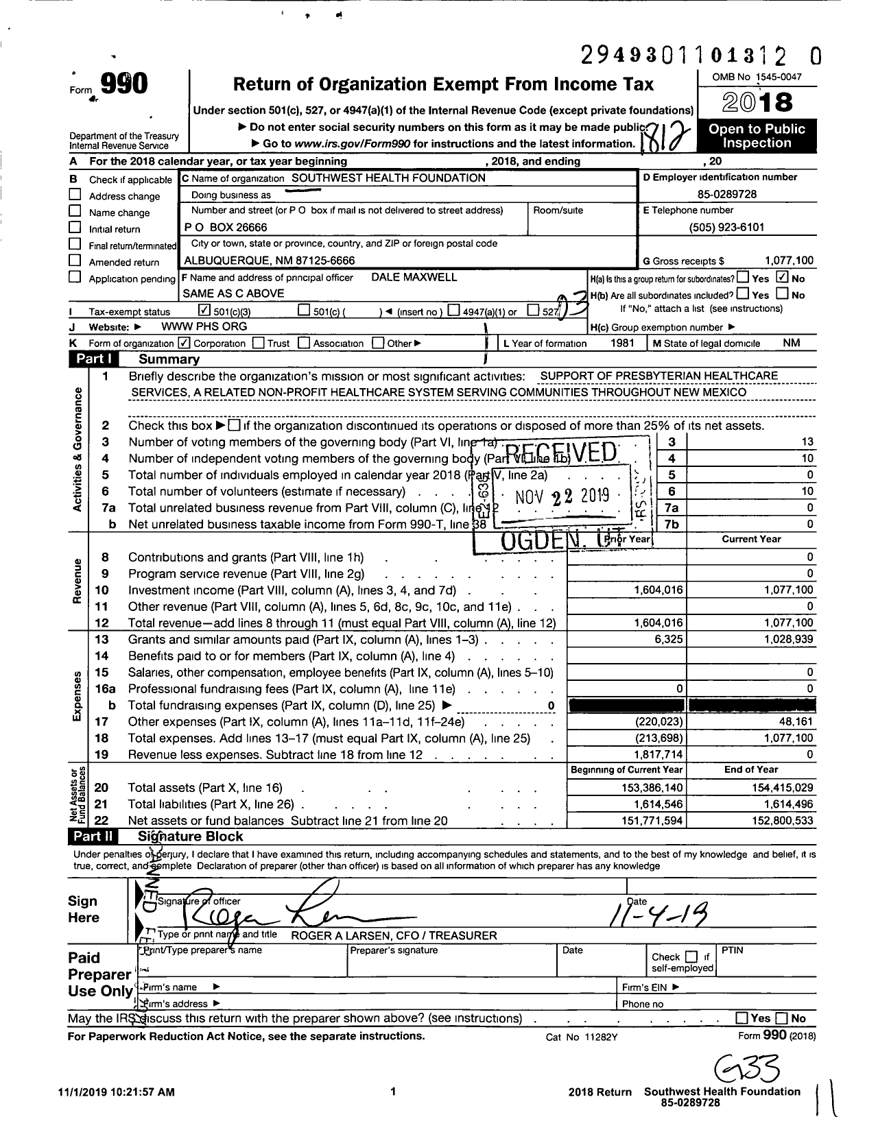 Image of first page of 2018 Form 990 for Southwest Health Foundation