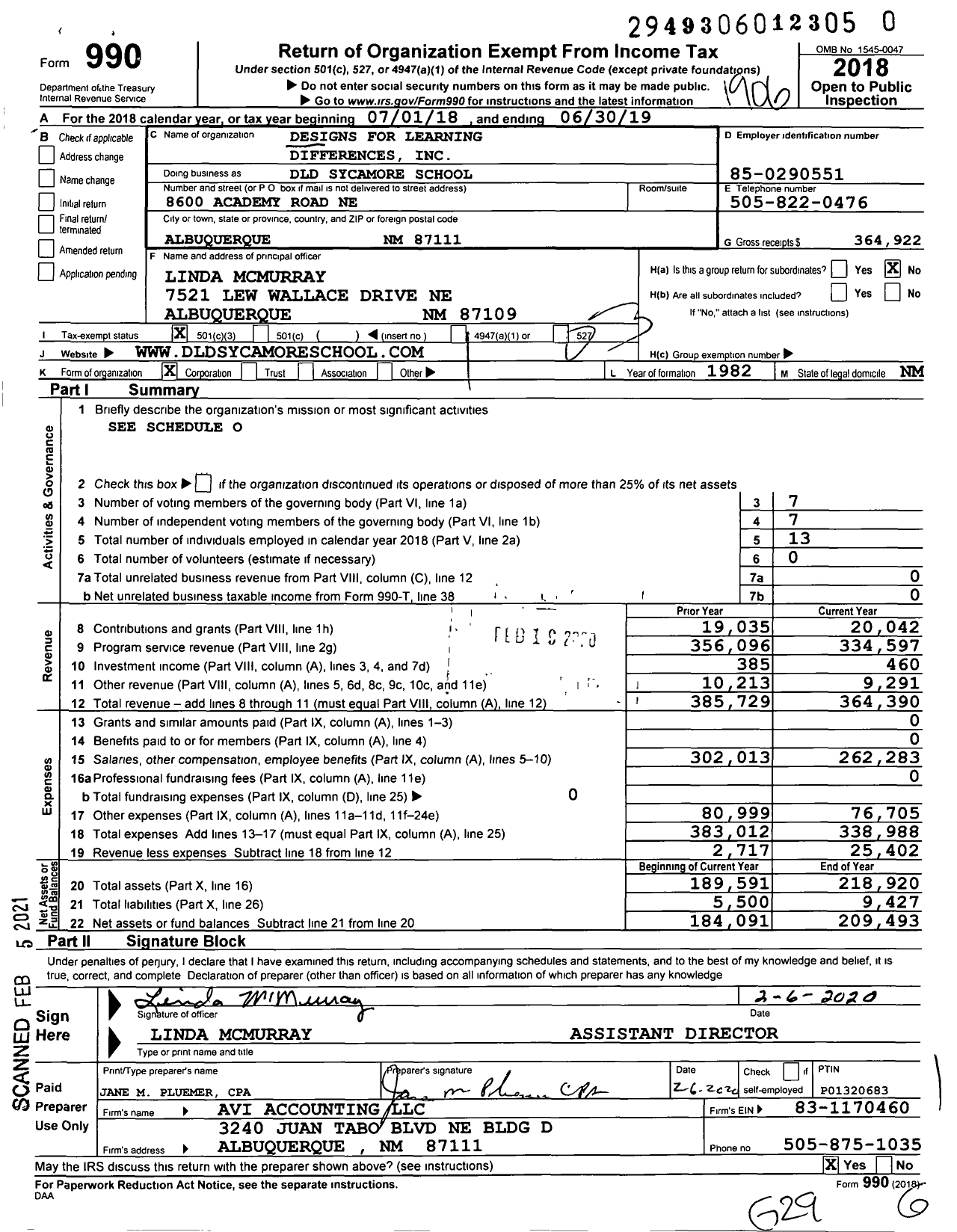Image of first page of 2018 Form 990 for DLD Sycamore School