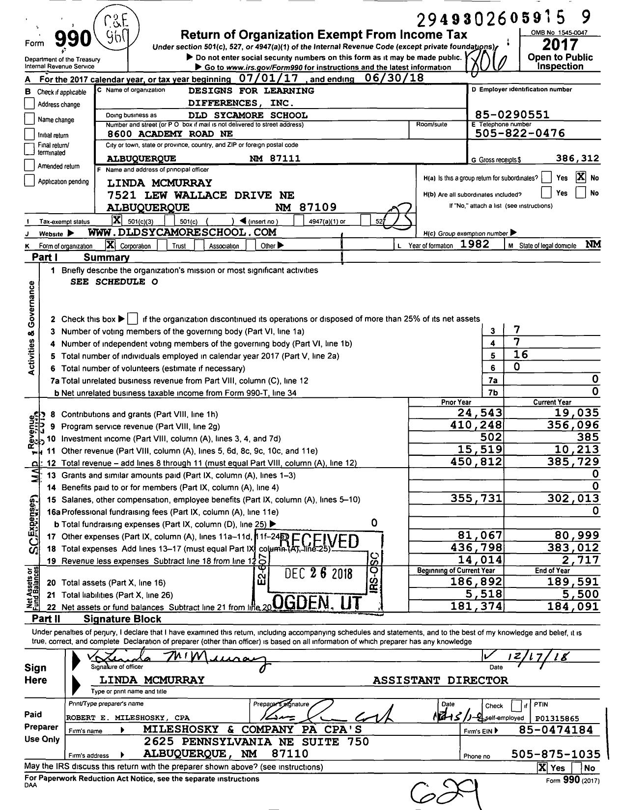 Image of first page of 2017 Form 990 for DLD Sycamore School