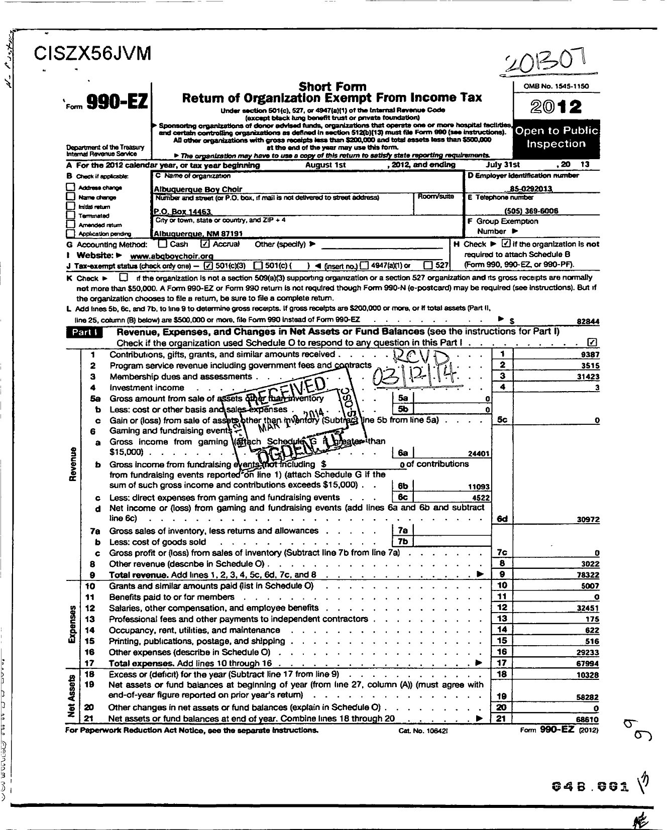 Image of first page of 2012 Form 990EZ for Albuquerque Boy Choir