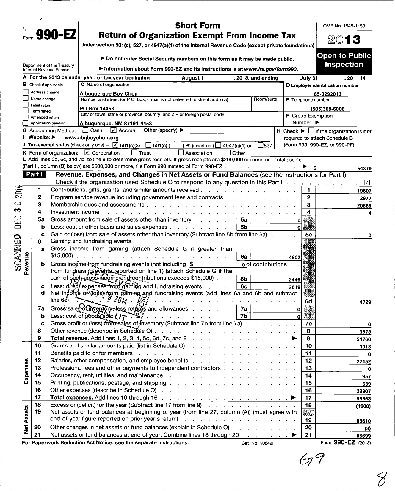 Image of first page of 2013 Form 990EZ for Albuquerque Boy Choir